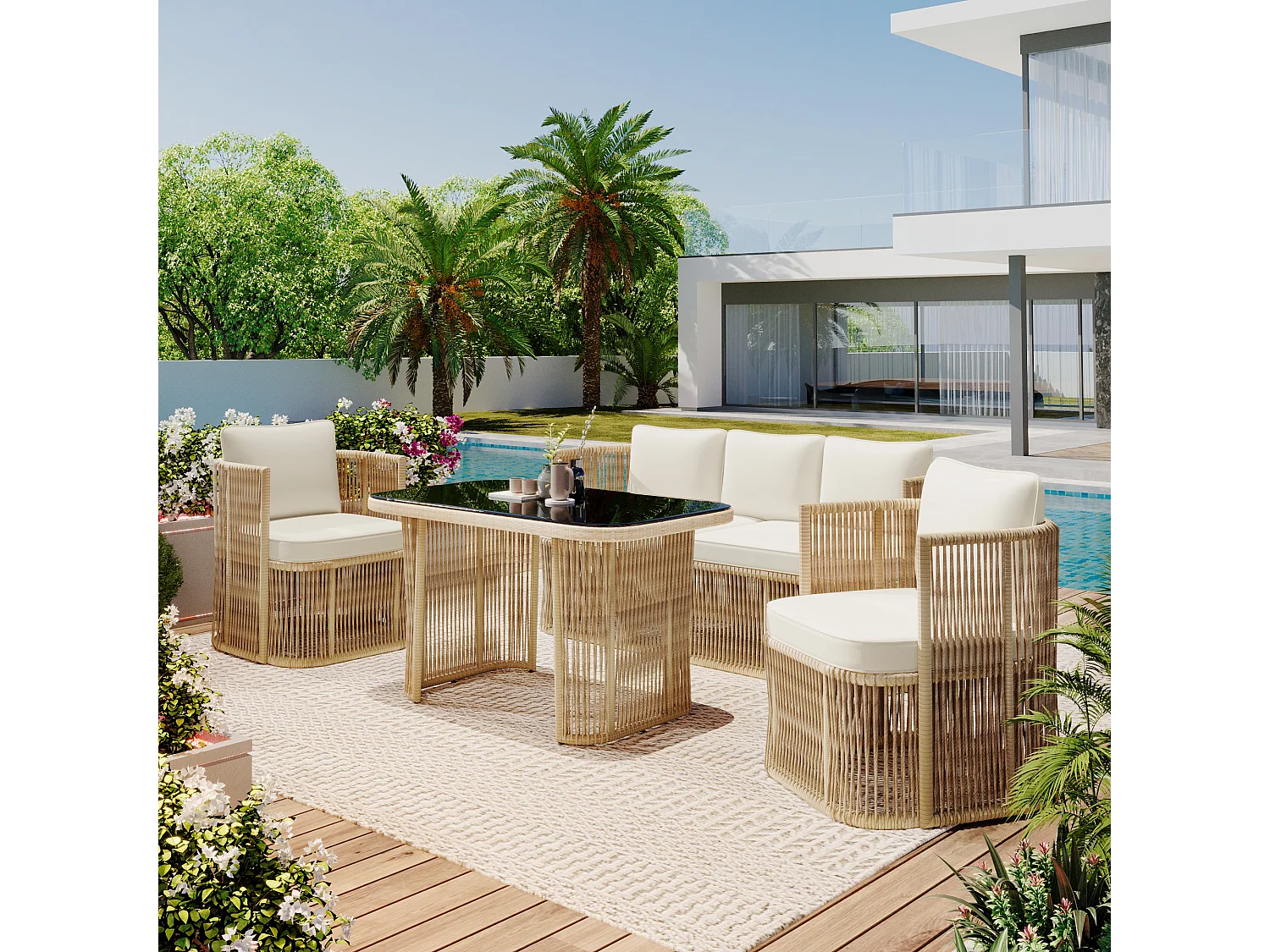 Zestaw mebli ogrodowych z rattanu PE, 5 elementów - z sofą 3-osobową + 2 fotelami + szklanym stolikiem + poduszkami - metalowy - beżowy