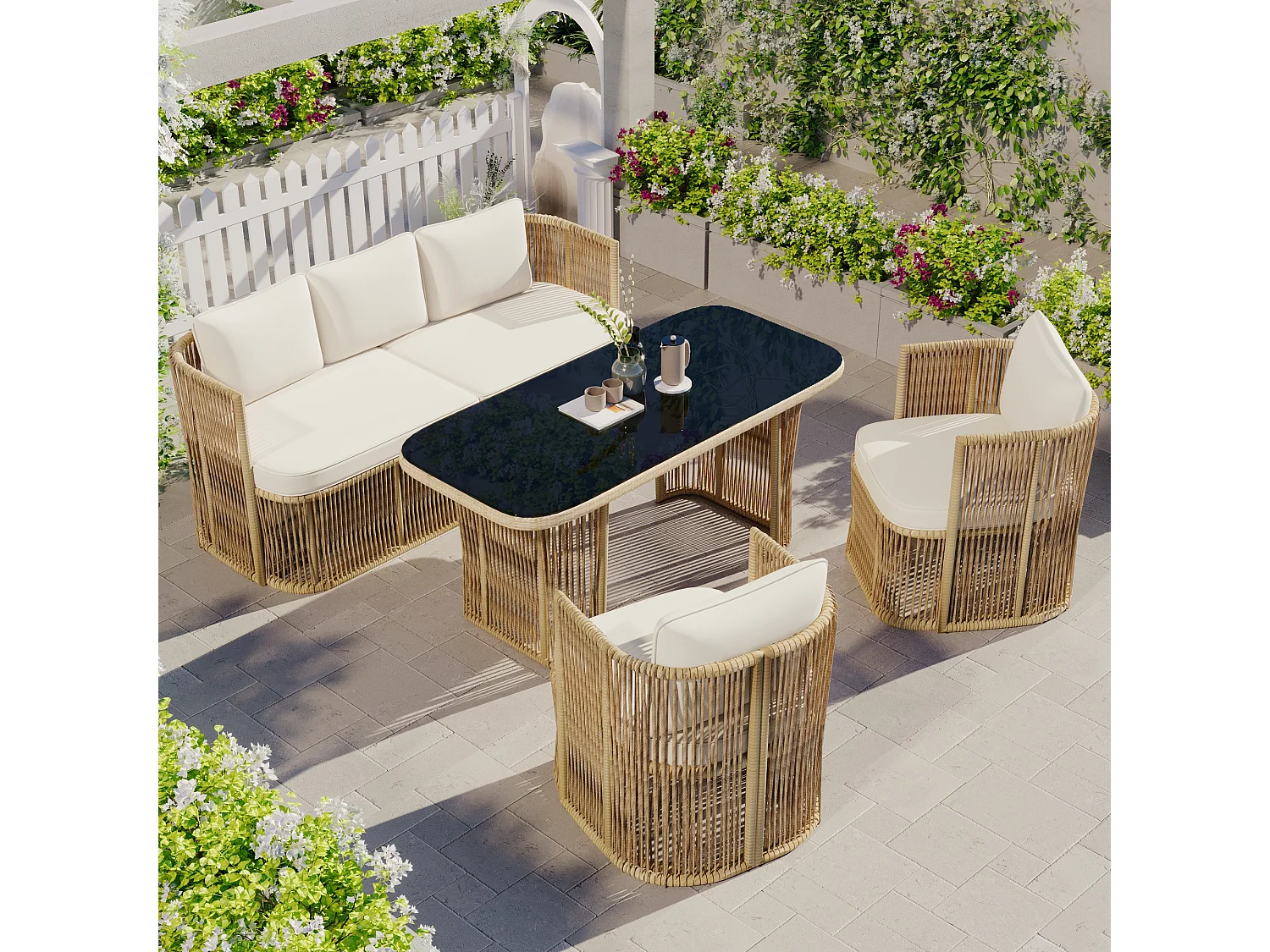 Zestaw mebli ogrodowych z rattanu PE, 5 elementów - z sofą 3-osobową + 2 fotelami + szklanym stolikiem + poduszkami - metalowy - beżowy