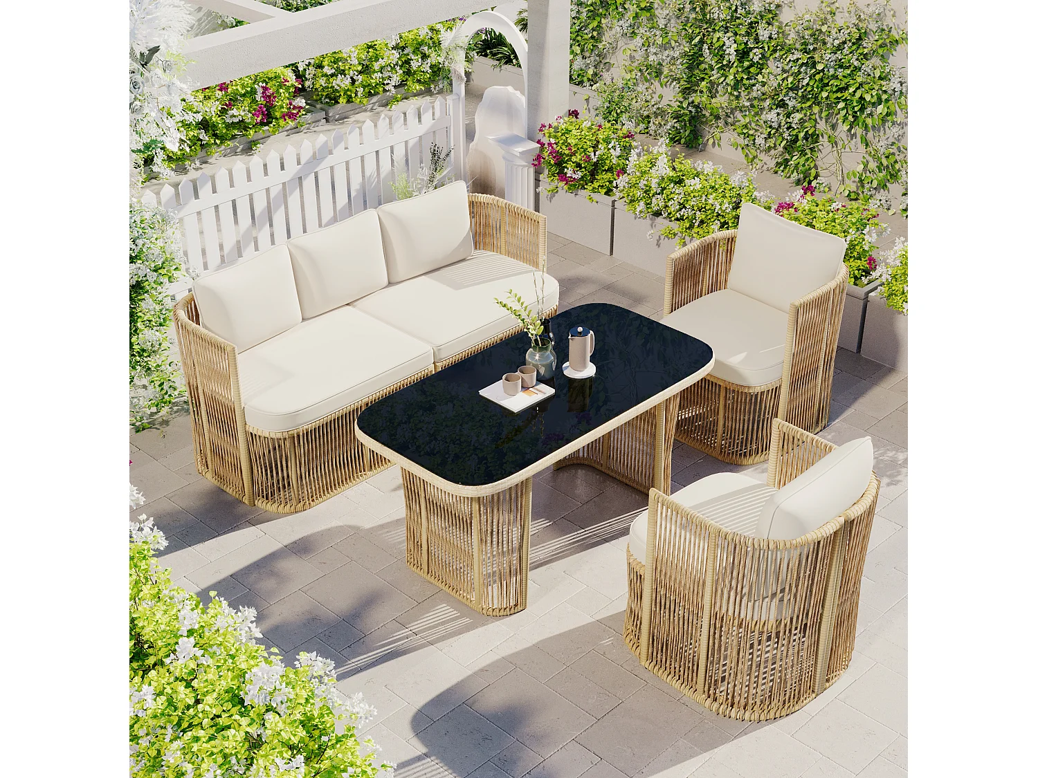 Zestaw mebli ogrodowych z rattanu PE, 5 elementów - z sofą 3-osobową + 2 fotelami + szklanym stolikiem + poduszkami - metalowy - beżowy