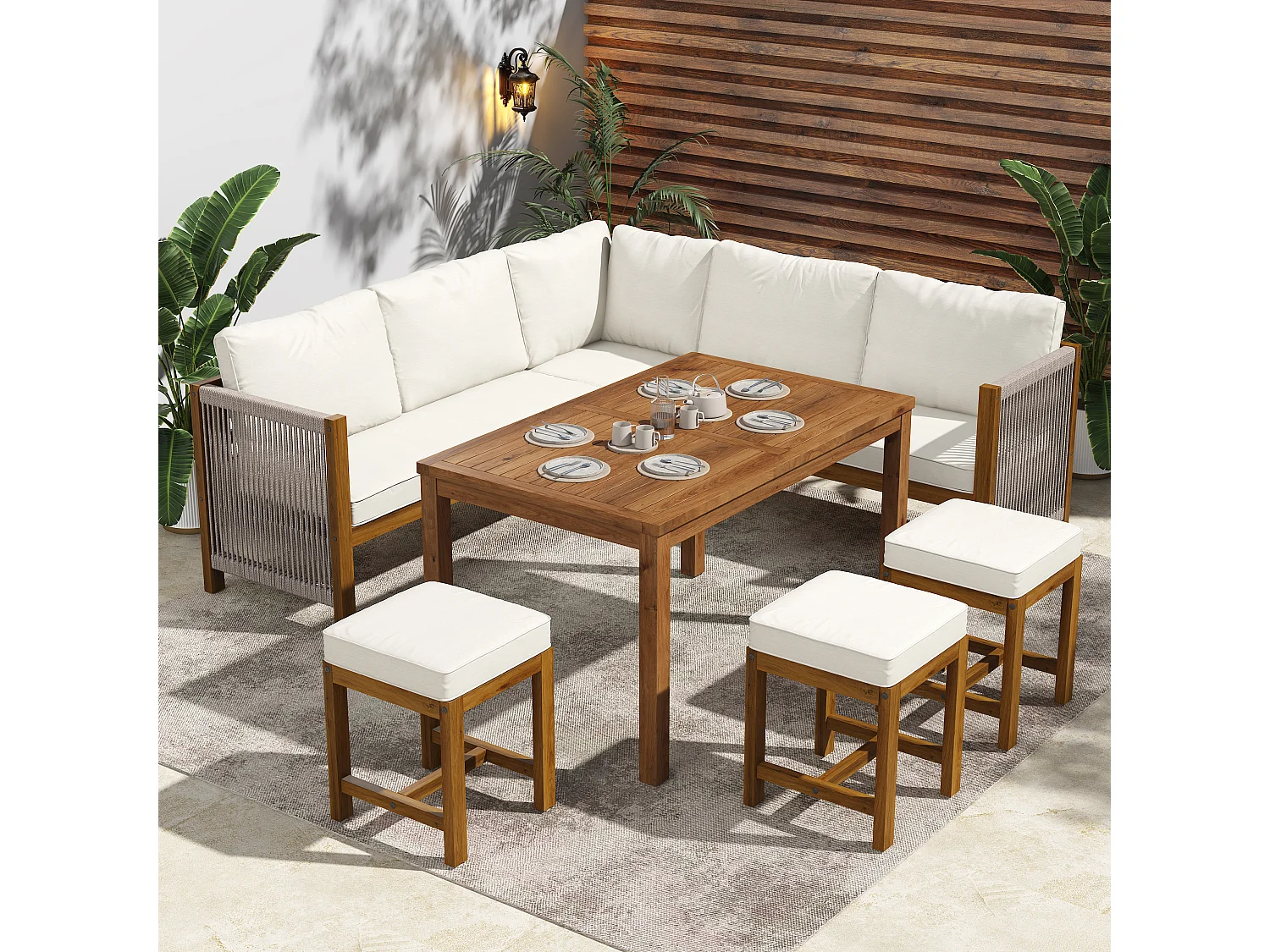 Zestaw mebli ogrodowych 7-8-osobowy - z poduszkami + sofa + 3 hokery + 1 stolik - akacja - beżowy + naturalny