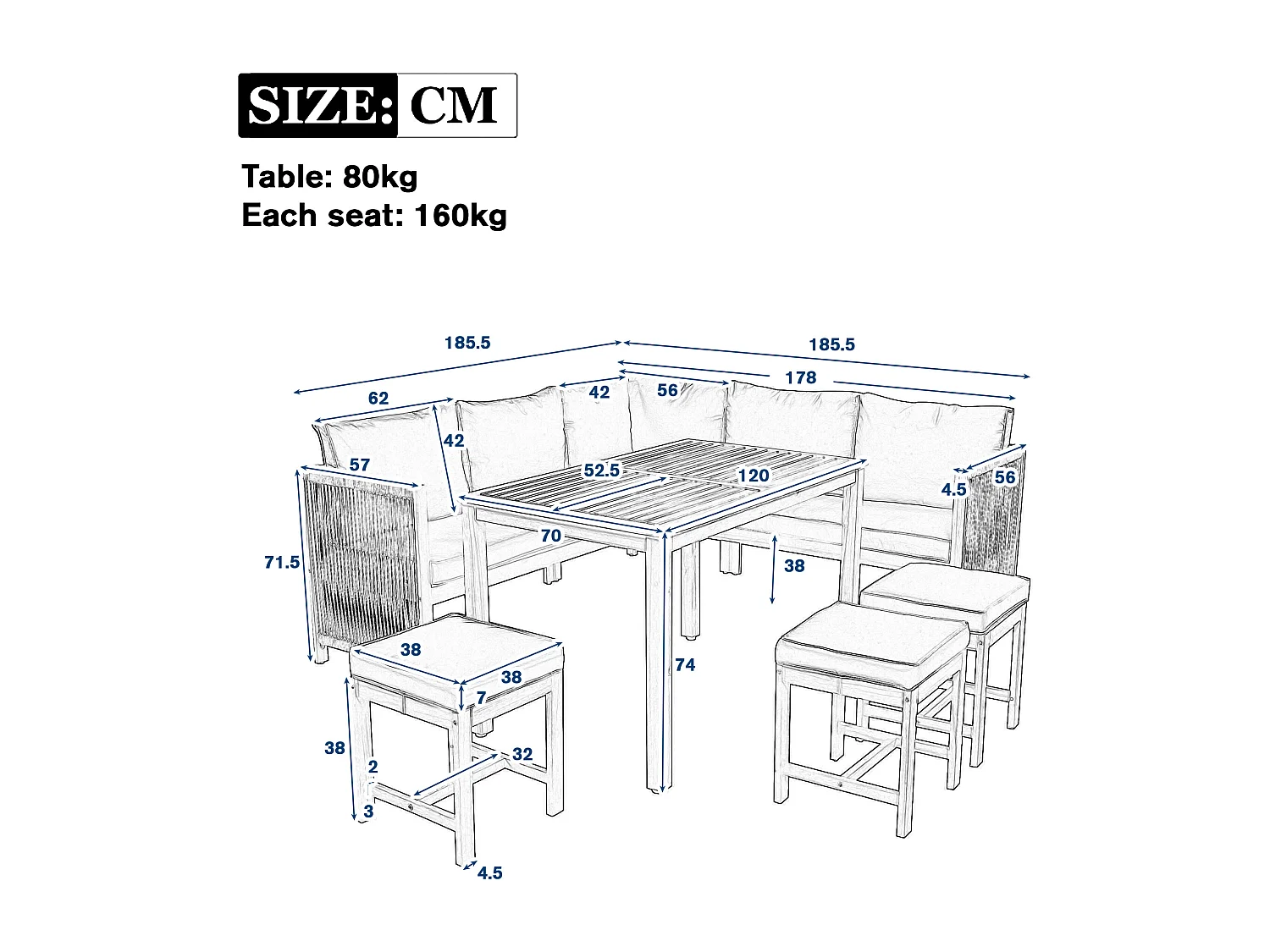 Zestaw mebli ogrodowych 7-8-osobowy - z poduszkami + sofa + 3 hokery + 1 stolik - akacja - beżowy + naturalny