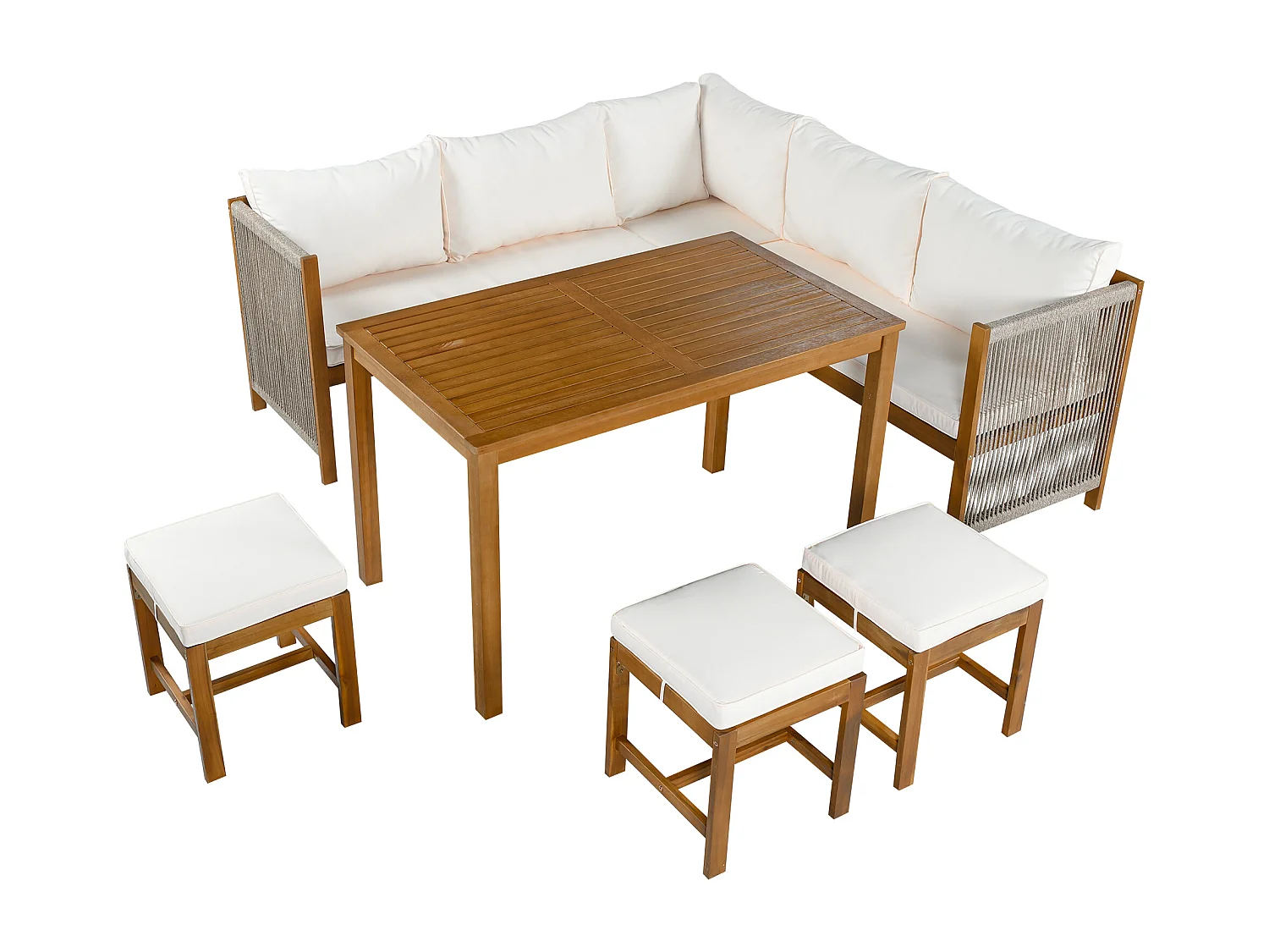 Zestaw mebli ogrodowych 7-8-osobowy - z poduszkami + sofa + 3 hokery + 1 stolik - akacja - beżowy + naturalny