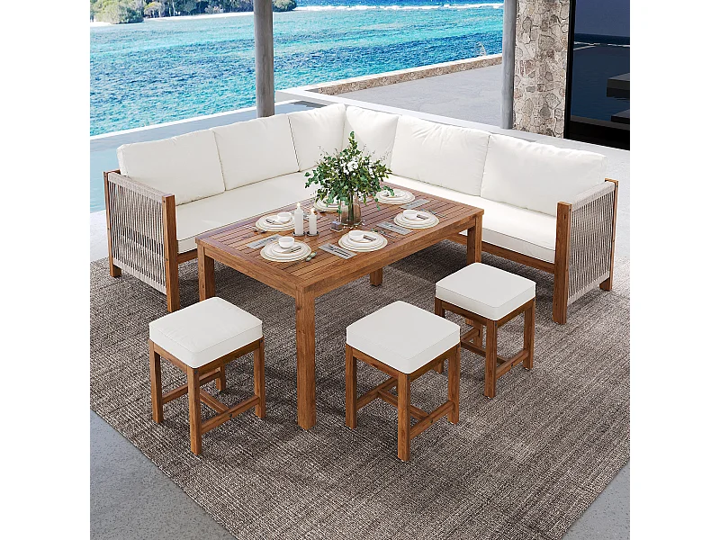 Zestaw mebli ogrodowych 7-8-osobowy - z poduszkami + sofa + 3 hokery + 1 stolik - akacja - beżowy + naturalny