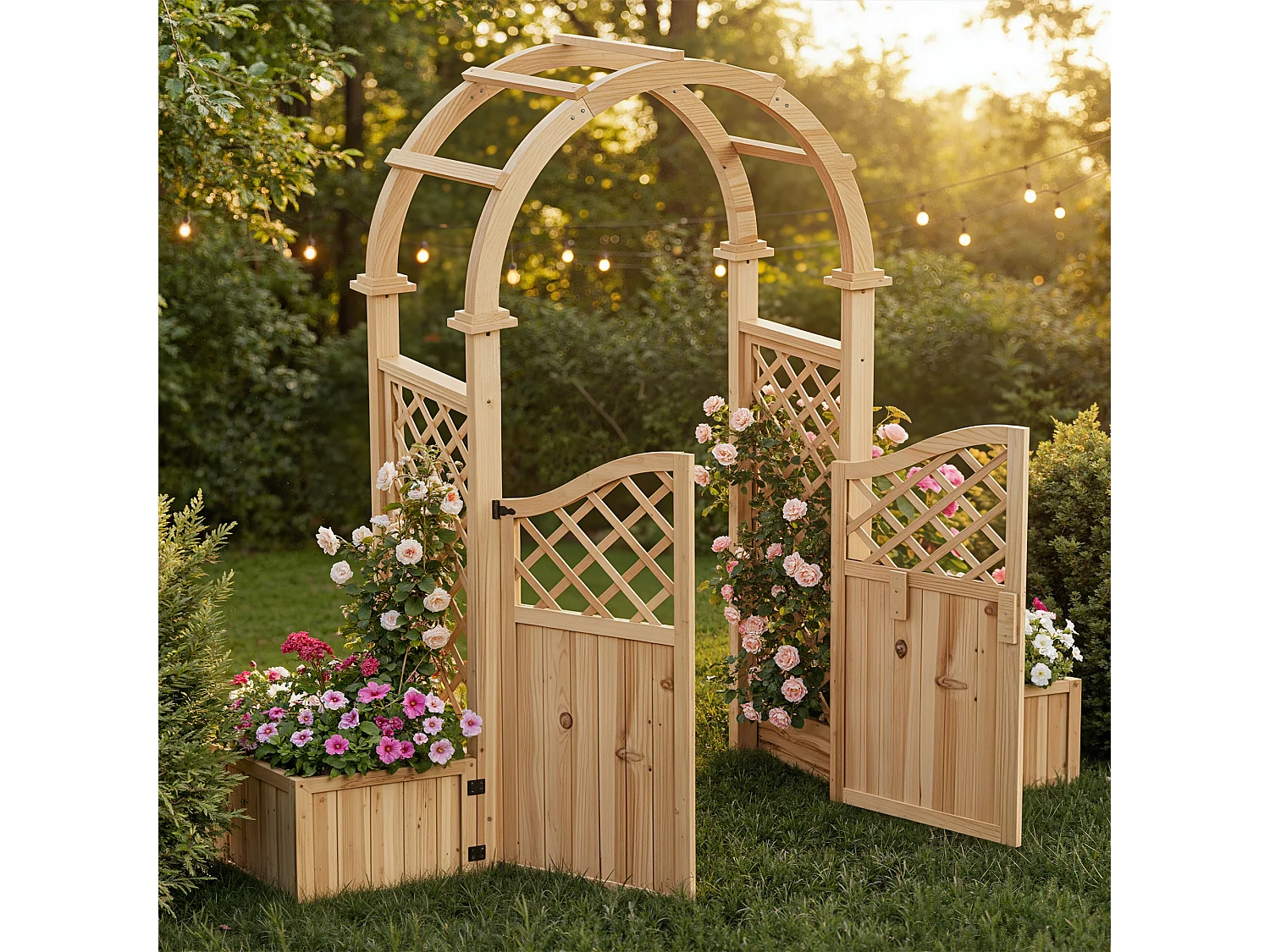 Pflanzkasten mit Rankgitter und Tür für Kletterpflanzen – 194 x 50 x 194 cm – für Garten/Hof/Terrasse – Holz – natur