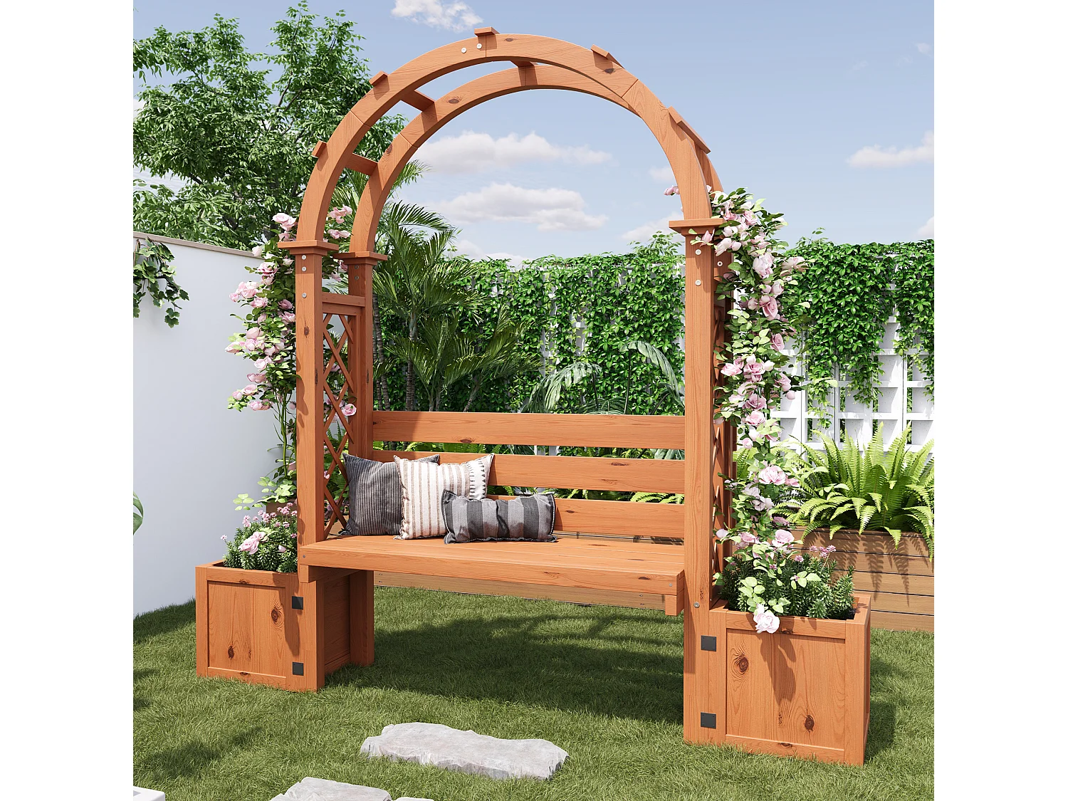 Plantenbak met klimrek en zitjes voor klimplanten - 160 x 30,5 x 160 cm - voor tuin/binnenplaats/terras - hout - naturel