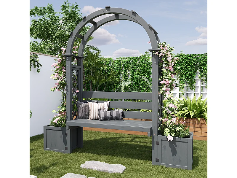 Plantenbak met klimrek en zitjes voor klimplanten - 160 x 30,5 x 160 cm - voor tuin/binnenplaats/terras - hout - grijs