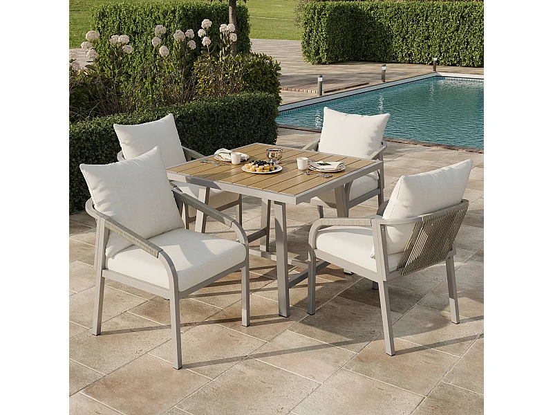 Ensemble de salle à manger de jardin 4 places - avec table + 4 chaises - structure en tubes d'acier galvanis - kaki + beige