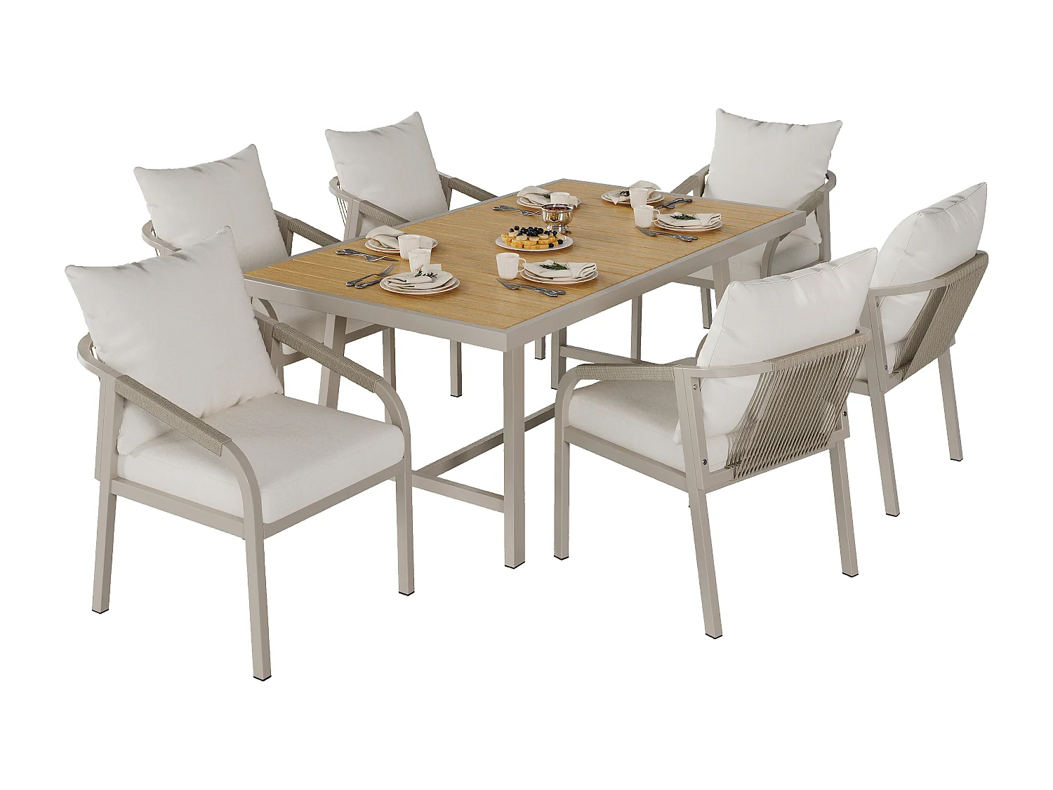 Ensemble de salle à manger de jardin 6 places - avec table + 6 chaises - structure en tubes d'acier galvanis - kaki + beige