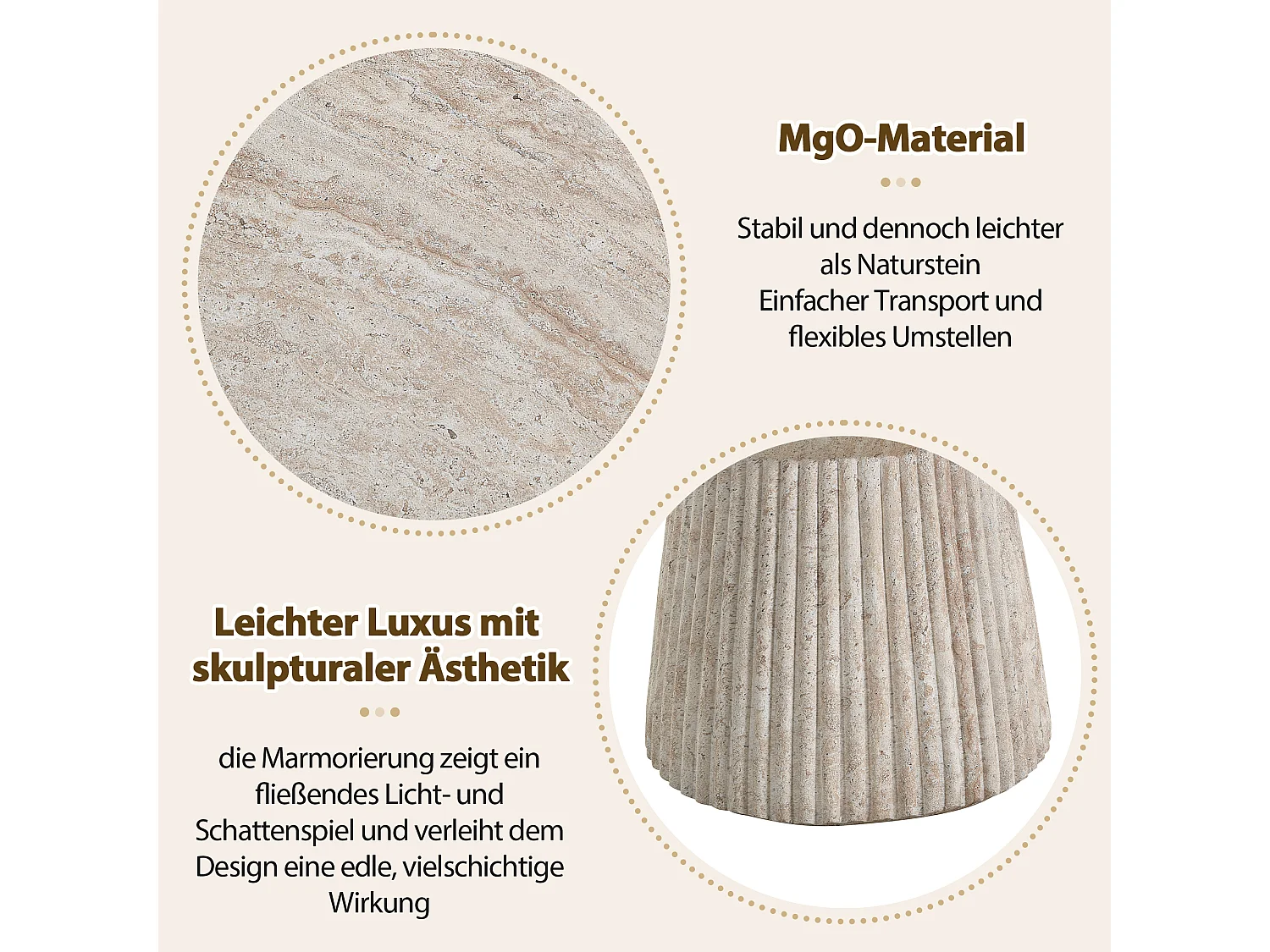 Table d'appoint de jardin - 38 x 38 x 43 cm - aspect travertin - légère et pratique - Oxyde de magnésium - beige