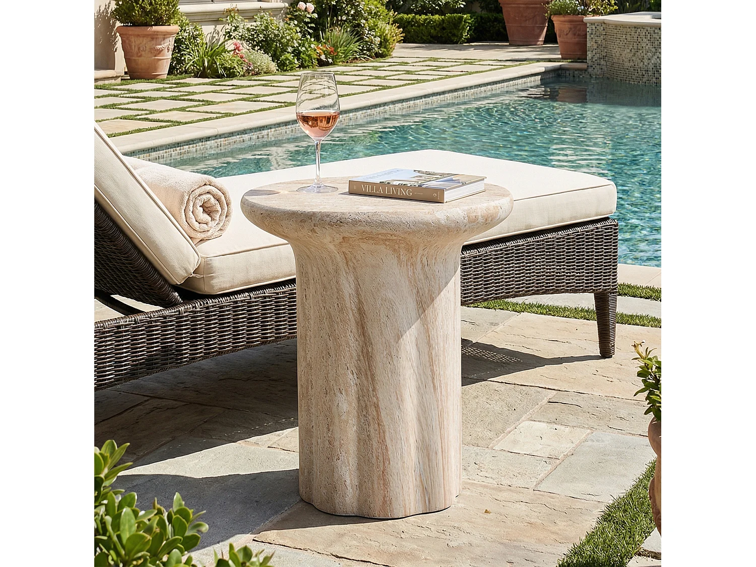 Table d'appoint de jardin - 40 x 40 x 46 cm - aspect travertin - légère et pratique - Oxyde de magnésium - beige
