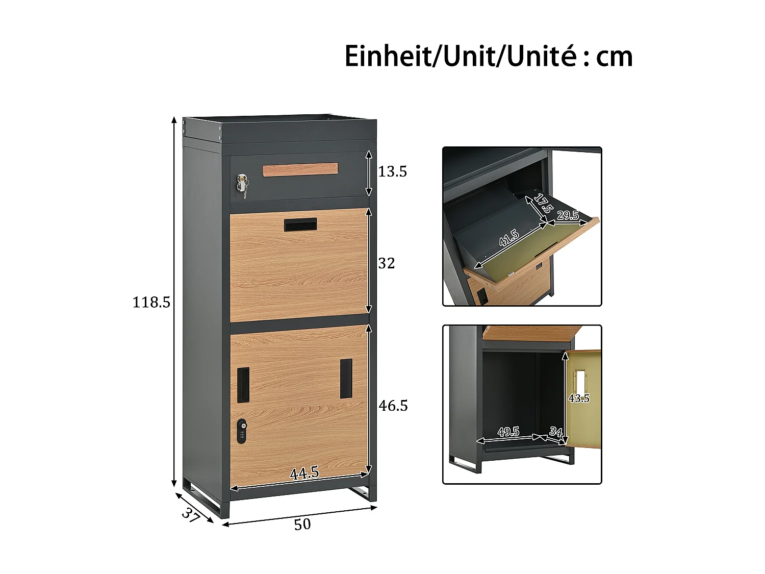 Paket- und Briefaufbewahrungsschrank mit Zahlenschloss und Blumenbeet – 50 x 37 x 118,5 cm – Metall – grau + natur