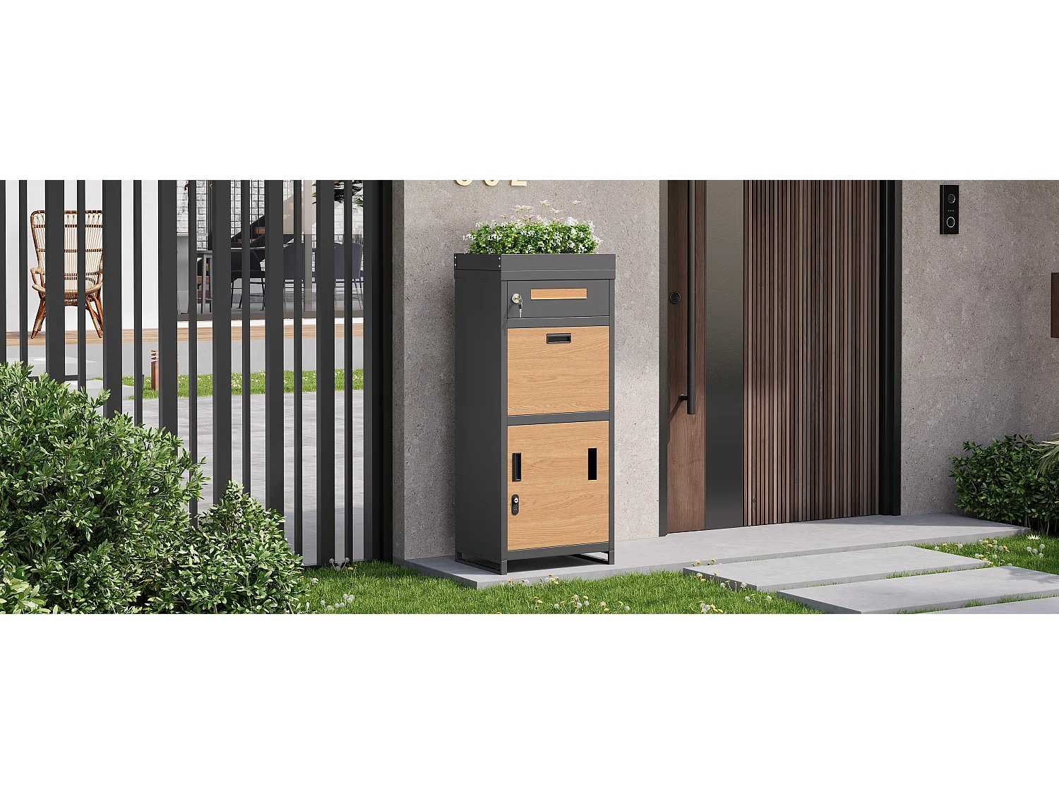 Paket- und Briefaufbewahrungsschrank mit Zahlenschloss und Blumenbeet – 50 x 37 x 118,5 cm – Metall – grau + natur