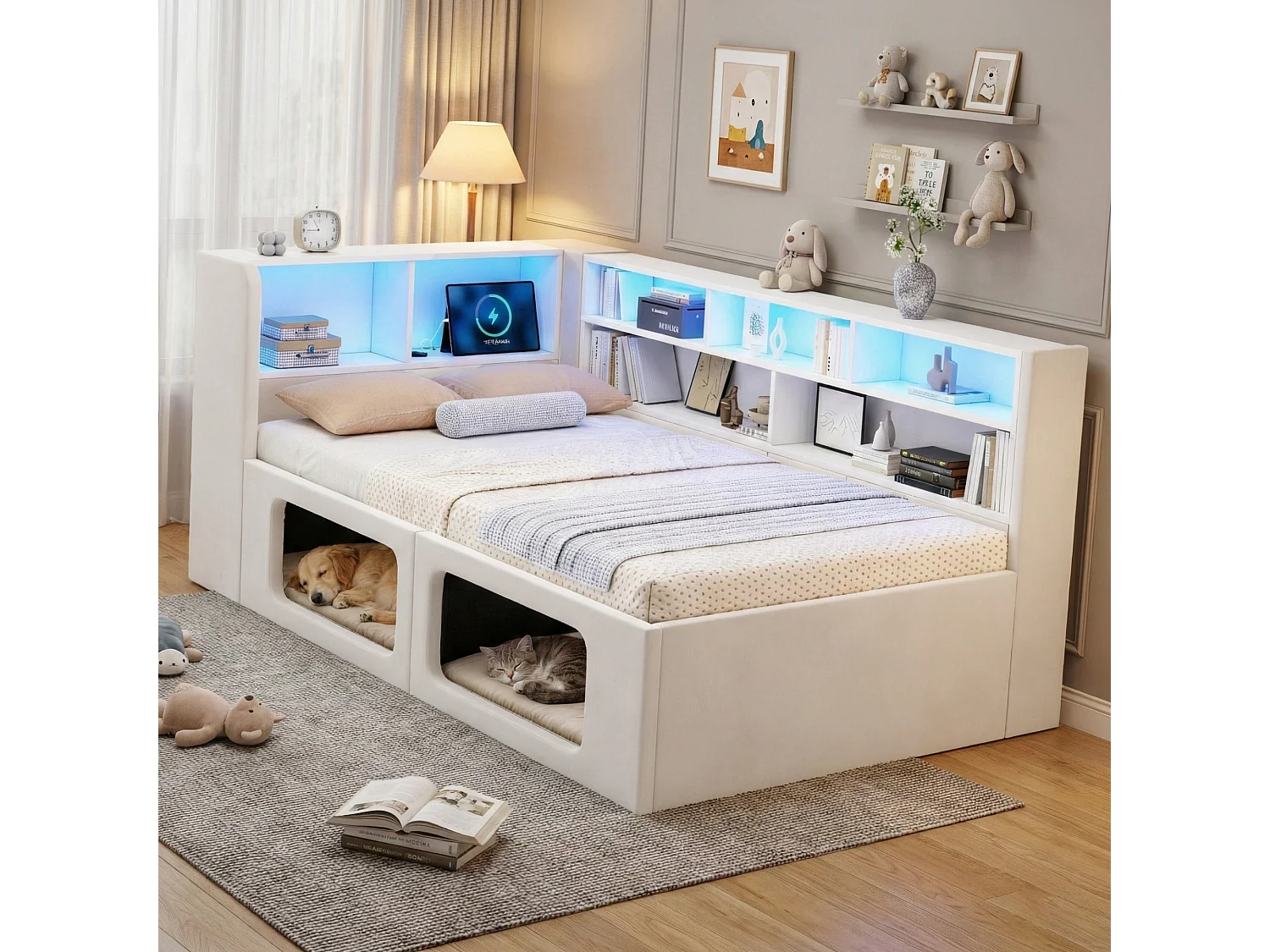 Canapé-lit adapté aux amoureux des animaux - 90 x 200 cm - avec Leds + USB + rangement - velours - beige