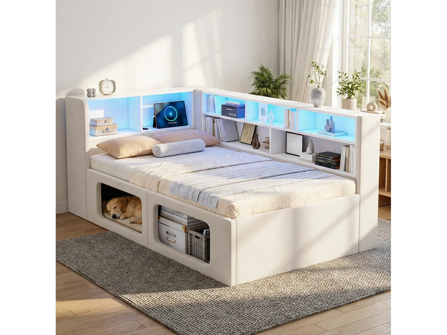Canapé-lit adapté aux amoureux des animaux - 90 x 200 cm - avec Leds + USB + rangement - velours - beige
