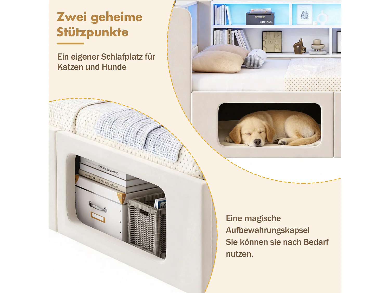 Canapé-lit adapté aux amoureux des animaux - 90 x 200 cm - avec Leds + USB + rangement - velours - beige