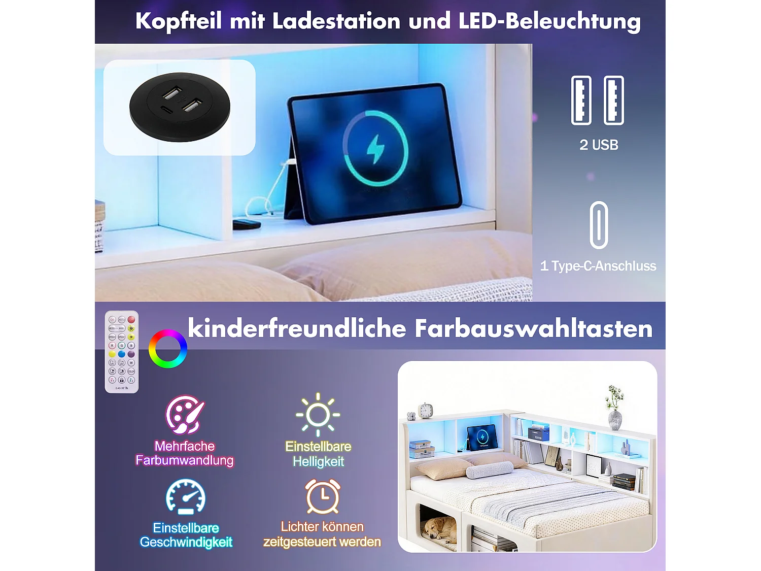 Canapé-lit adapté aux amoureux des animaux - 90 x 200 cm - avec Leds + USB + rangement - velours - beige