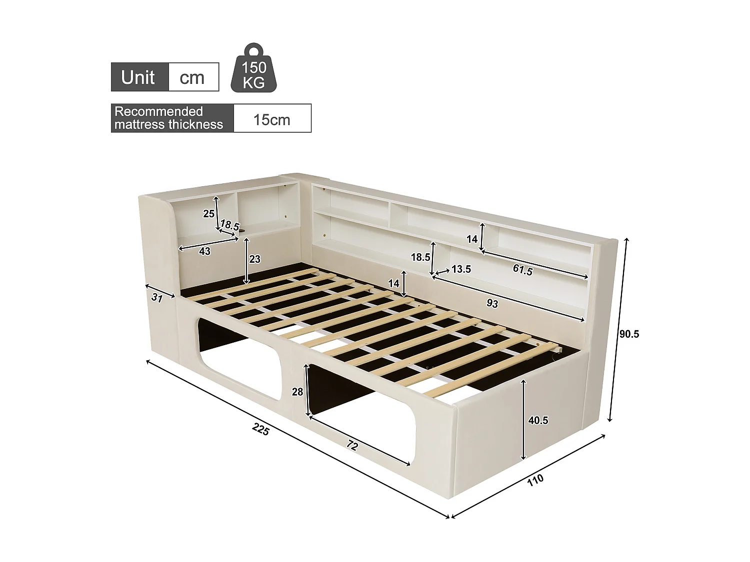 Canapé-lit adapté aux amoureux des animaux - 90 x 200 cm - avec Leds + USB + rangement - velours - beige
