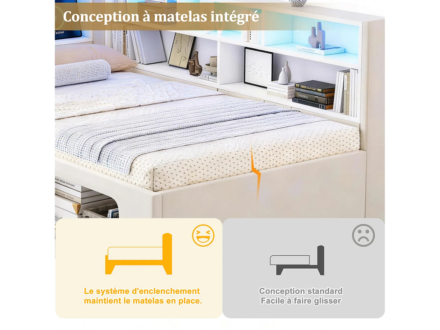 Canapé-lit adapté aux amoureux des animaux - 90 x 200 cm - avec Leds + USB + rangement - velours - beige