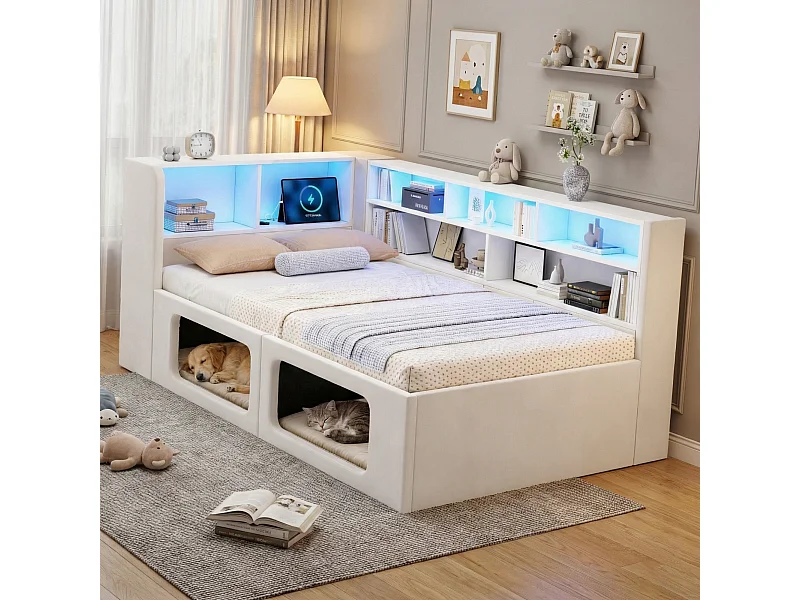 Canapé-lit adapté aux amoureux des animaux - 90 x 200 cm - avec Leds + USB + rangement - velours - beige