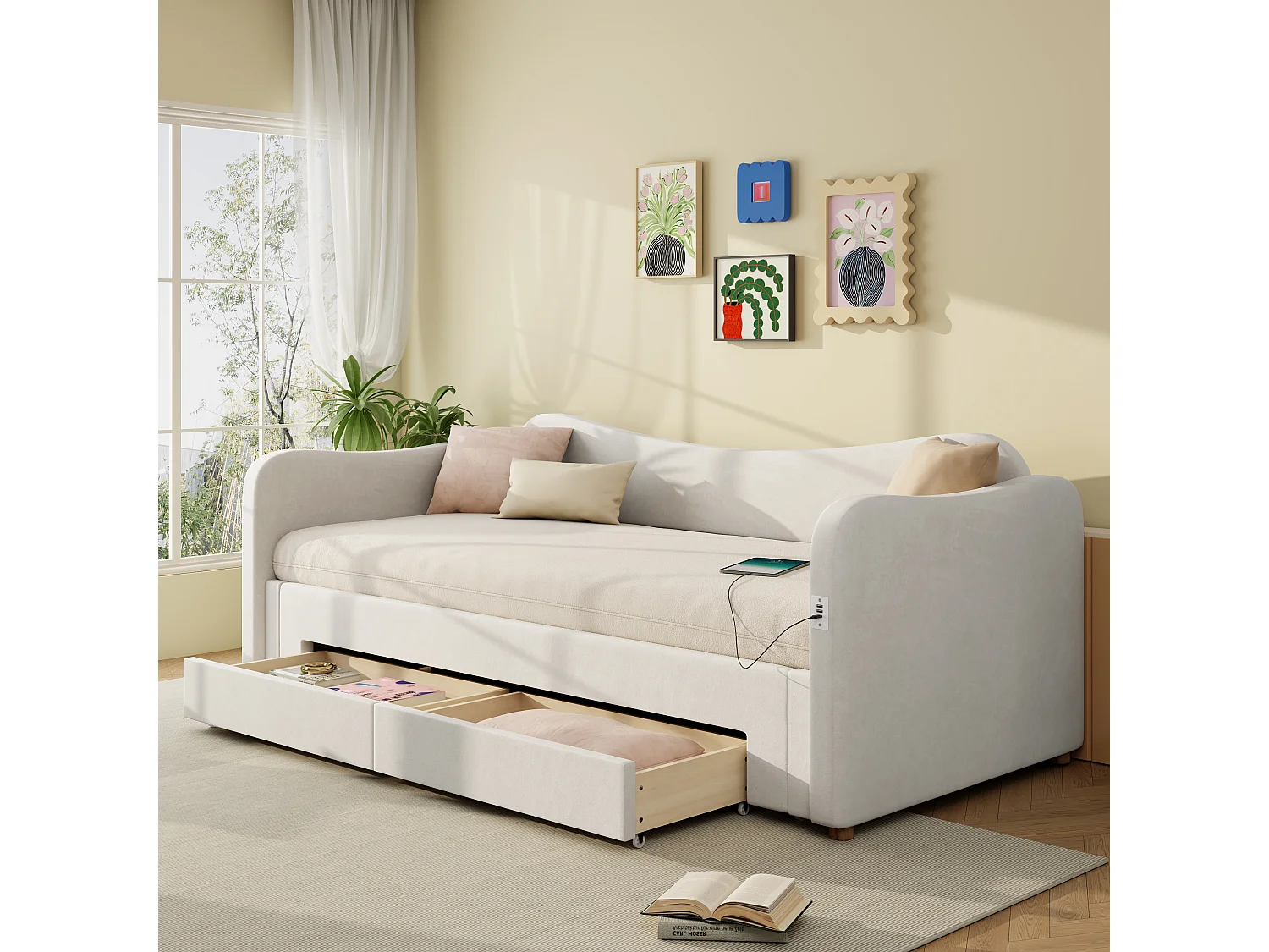 Canapé-lit avec lit gigogne - 90/180 x 200 cm - avec 2 tiroirs de rangement + USB - velours - beige