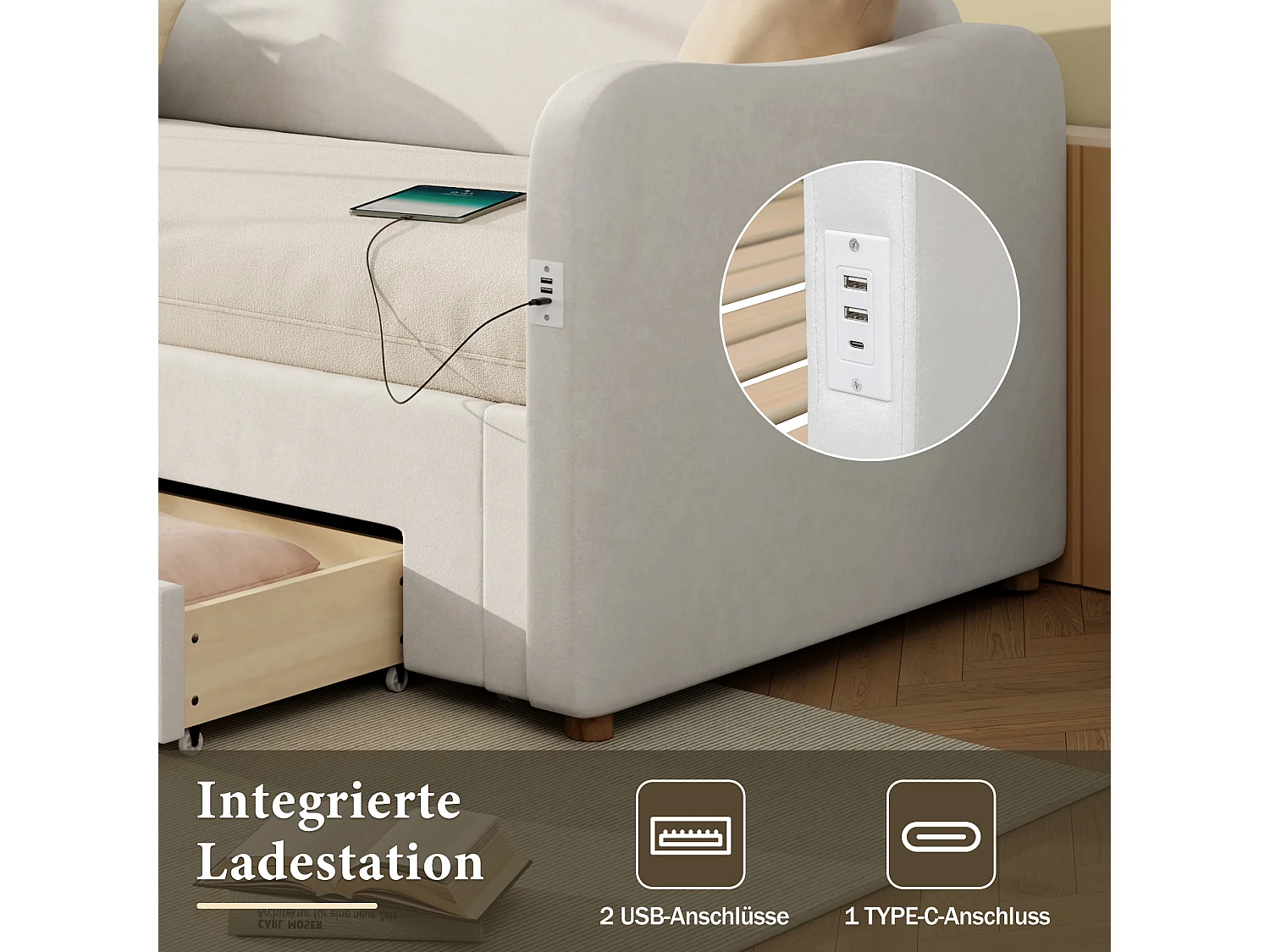 Canapé-lit avec lit gigogne - 90/180 x 200 cm - avec 2 tiroirs de rangement + USB - velours - beige