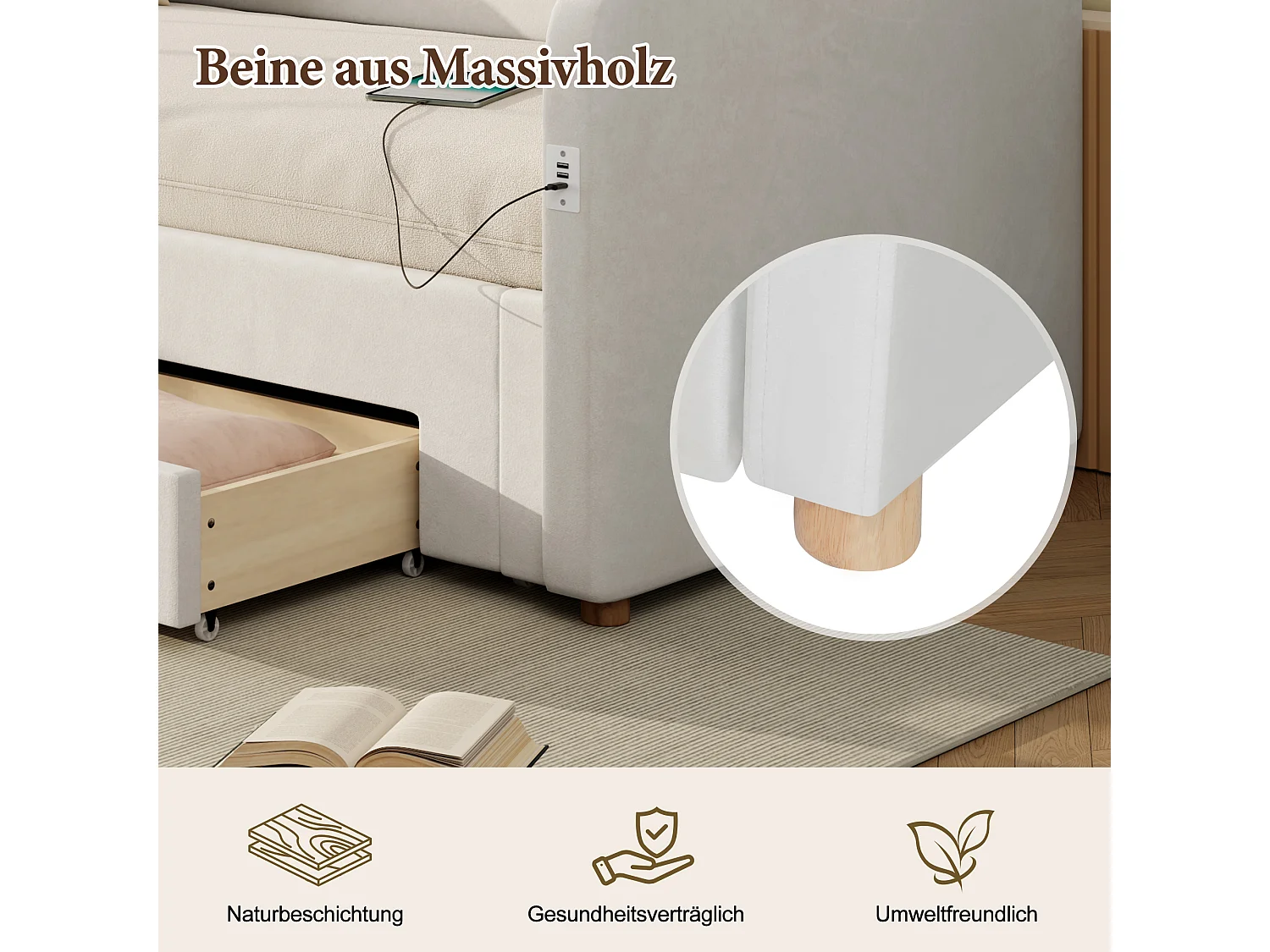 Canapé-lit avec lit gigogne - 90/180 x 200 cm - avec 2 tiroirs de rangement + USB - velours - beige