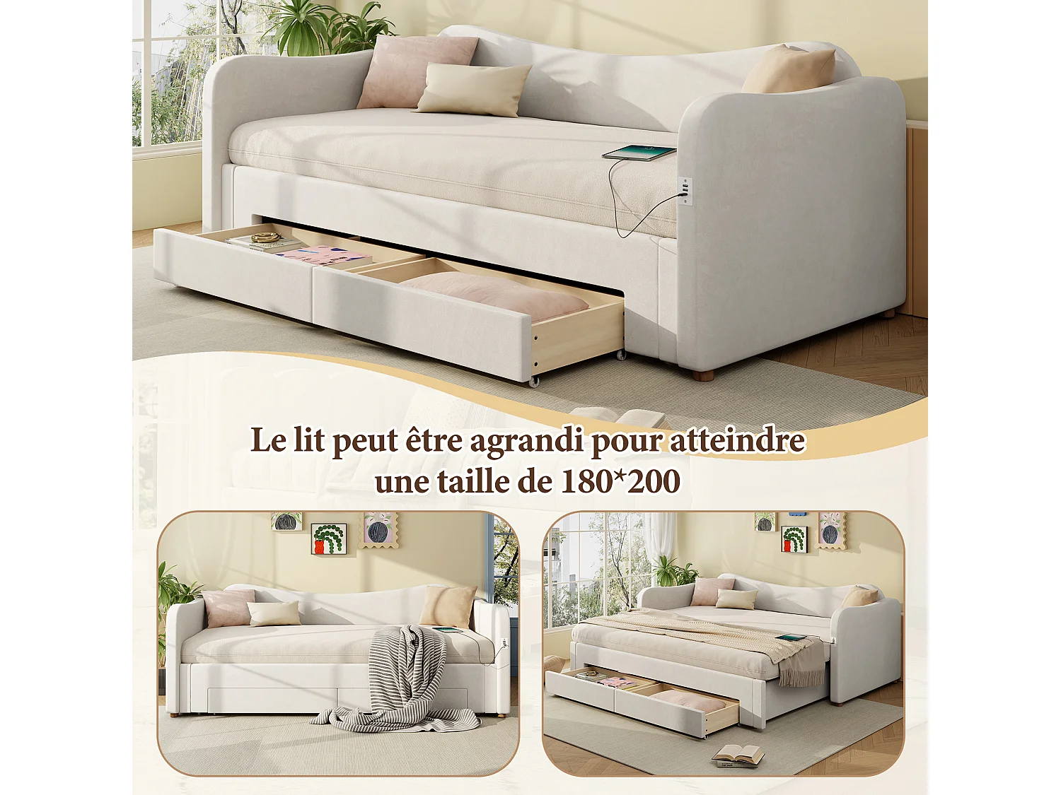 Canapé-lit avec lit gigogne - 90/180 x 200 cm - avec 2 tiroirs de rangement + USB - velours - beige