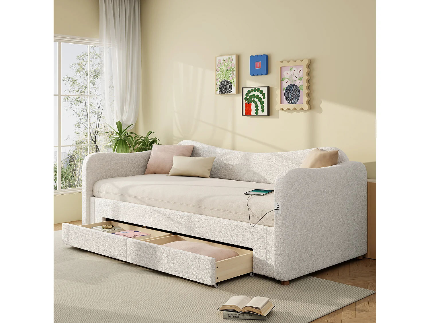 Canapé-lit avec lit gigogne - 90/180 x 200 cm - avec 2 tiroirs de rangement + USB - boucle - beige