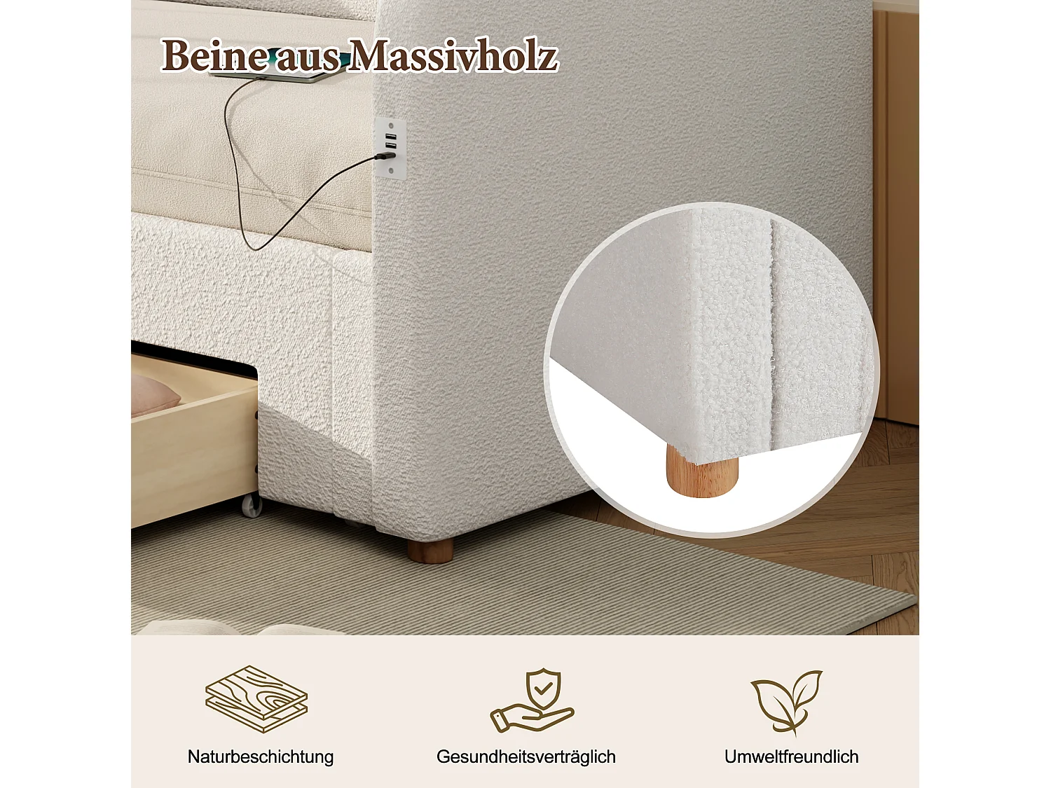 Canapé-lit avec lit gigogne - 90/180 x 200 cm - avec 2 tiroirs de rangement + USB - boucle - beige