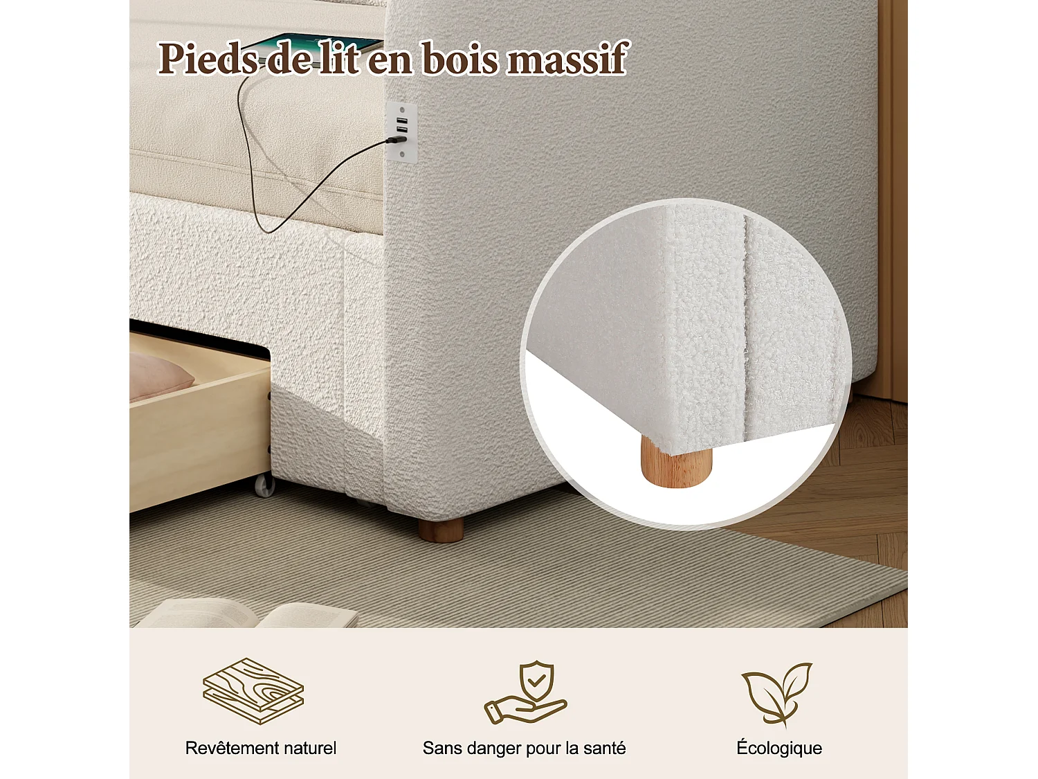 Canapé-lit avec lit gigogne - 90/180 x 200 cm - avec 2 tiroirs de rangement + USB - boucle - beige