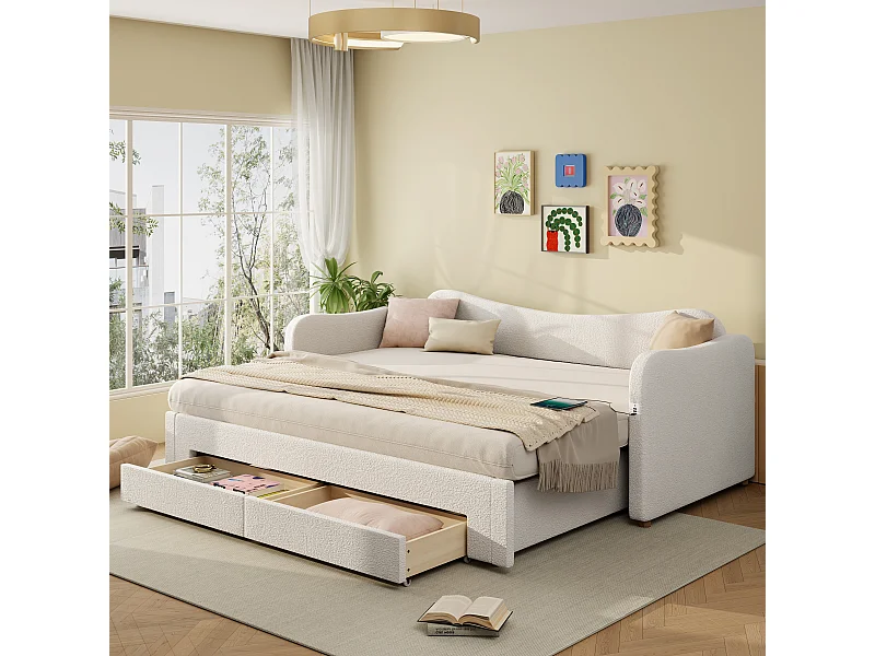 Canapé-lit avec lit gigogne - 90/180 x 200 cm - avec 2 tiroirs de rangement + USB - boucle - beige