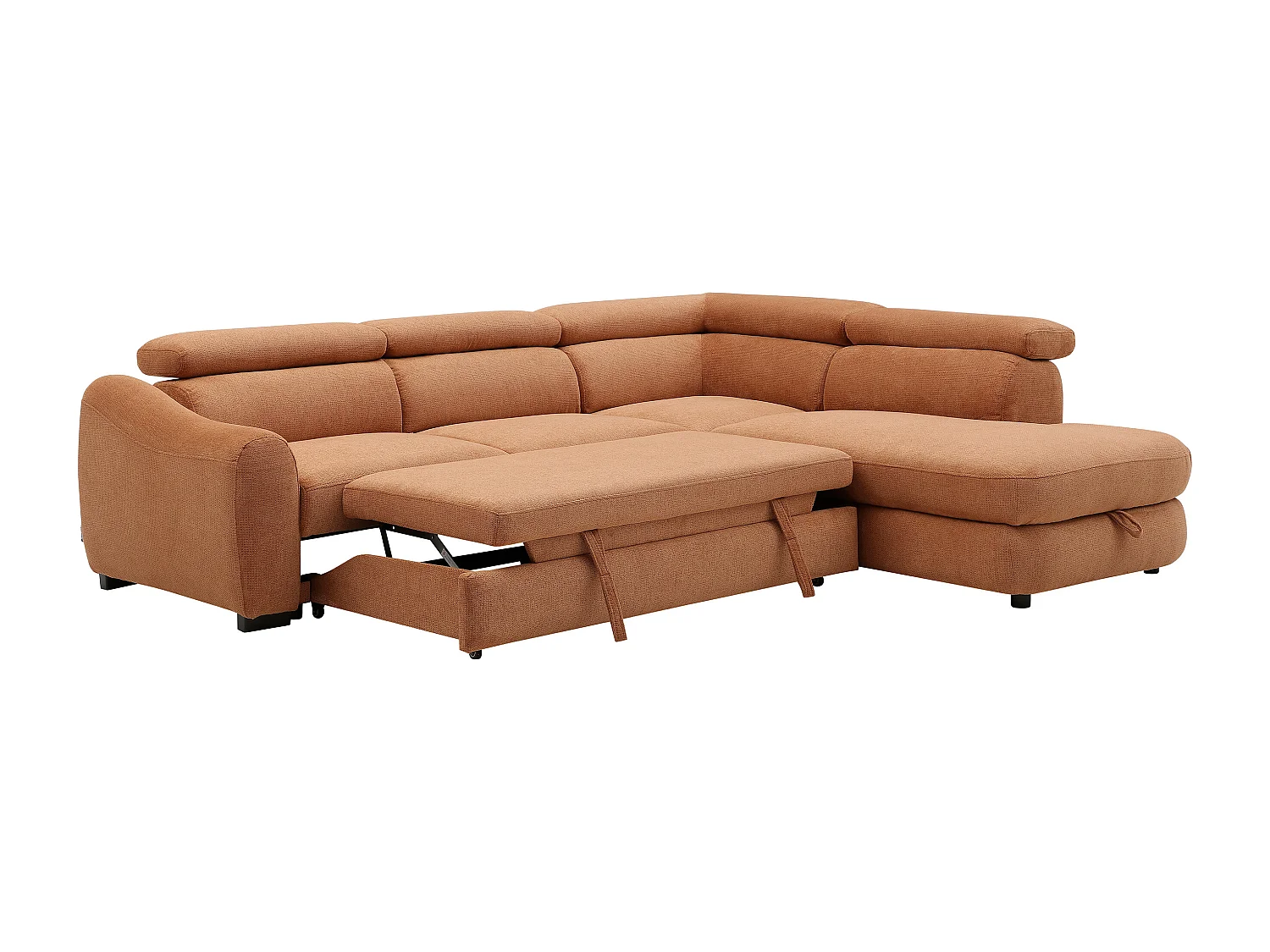 Canapé d'angle droit convertible en tissu texturé terracotta BESEMA