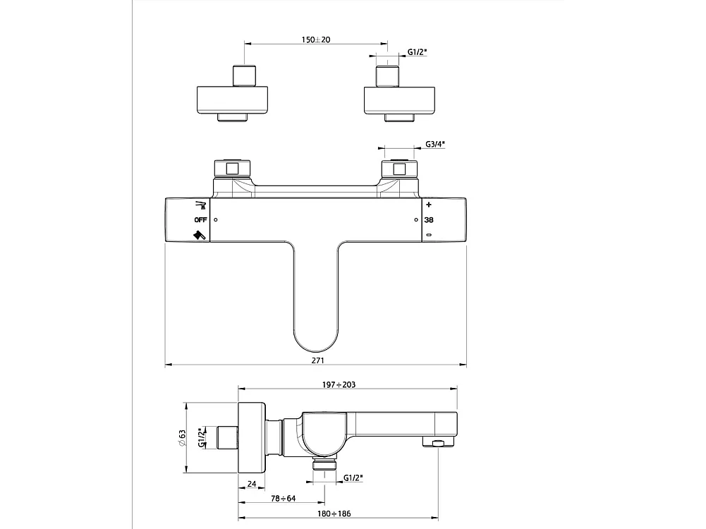 Tempo Misturador termostático para banheira e duche cromado Huber