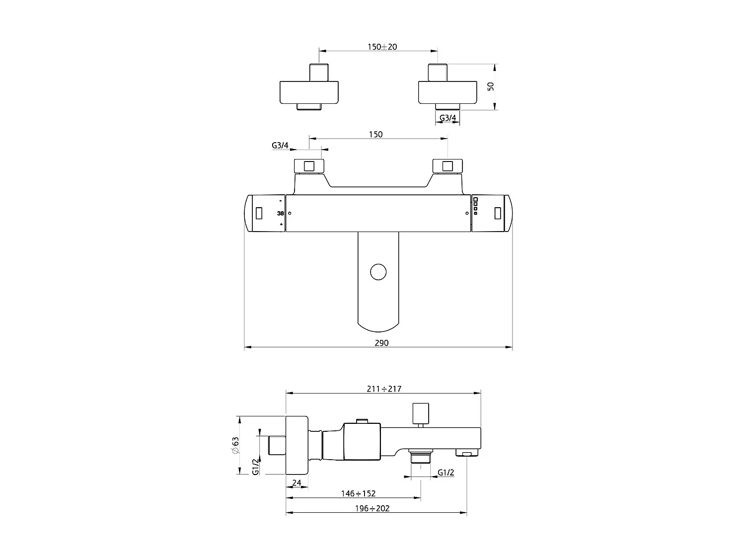 Munchen Misturador termostático para banheira e duche cromado Huber