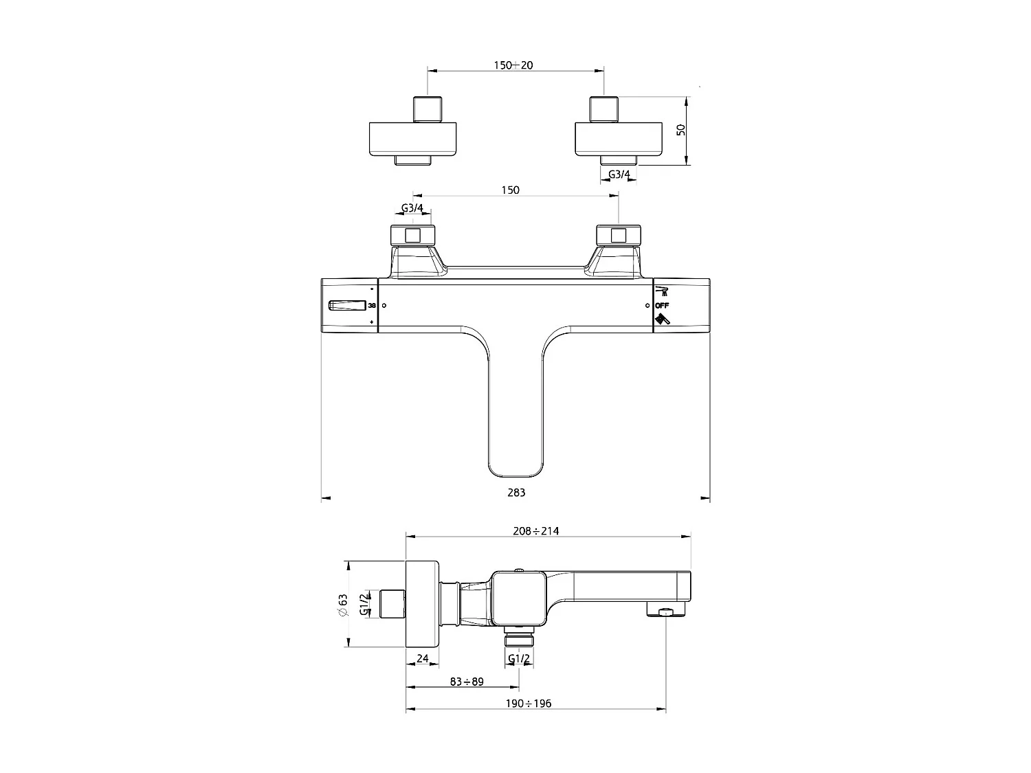 Voluto Misturador termostático para banheira e duche cromado Huber