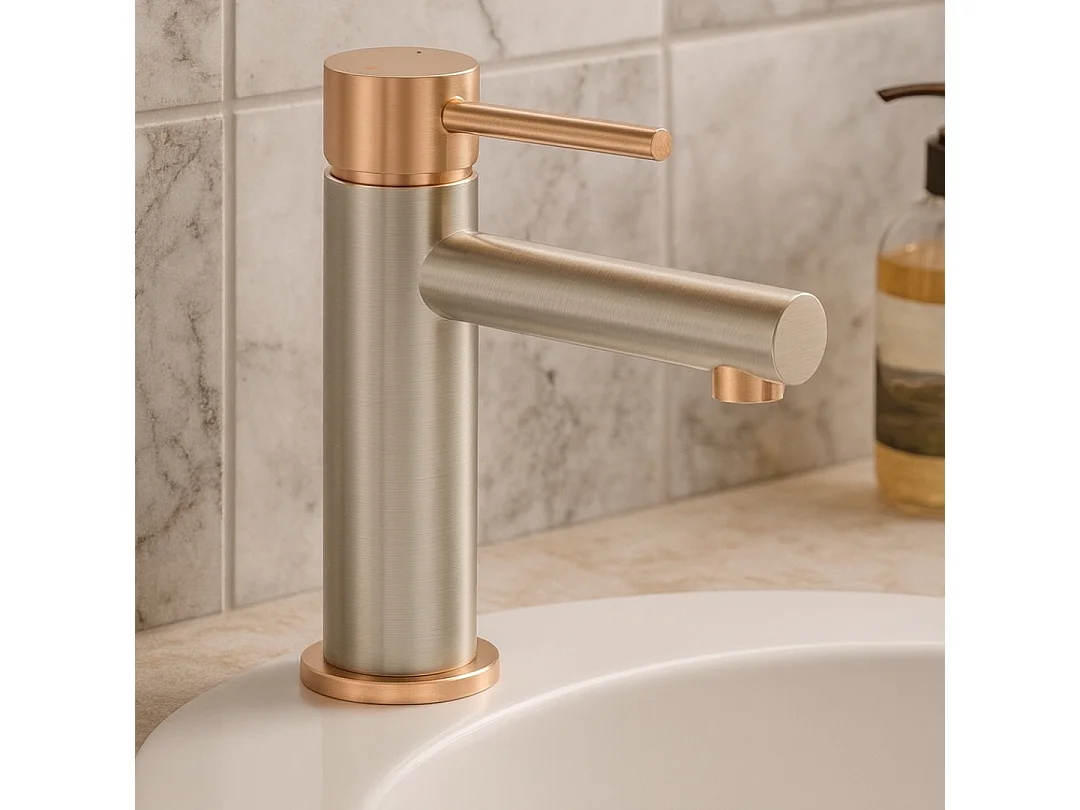 Envol Misturadora de lavatório baixo aço inoxidável e ouro rosa Essebagno