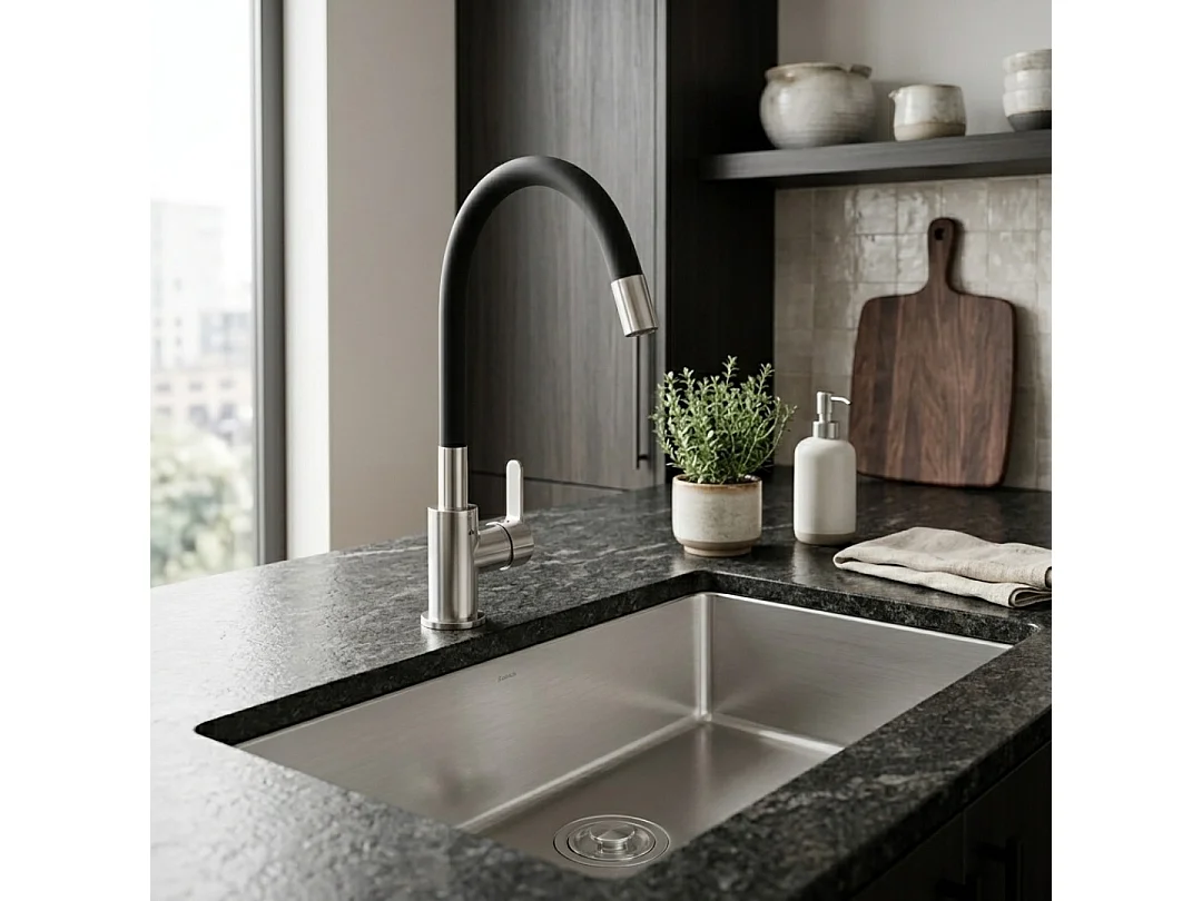 Mémory mitigeur évier façon inox avec flexible à mémoire de forme - Essebagno