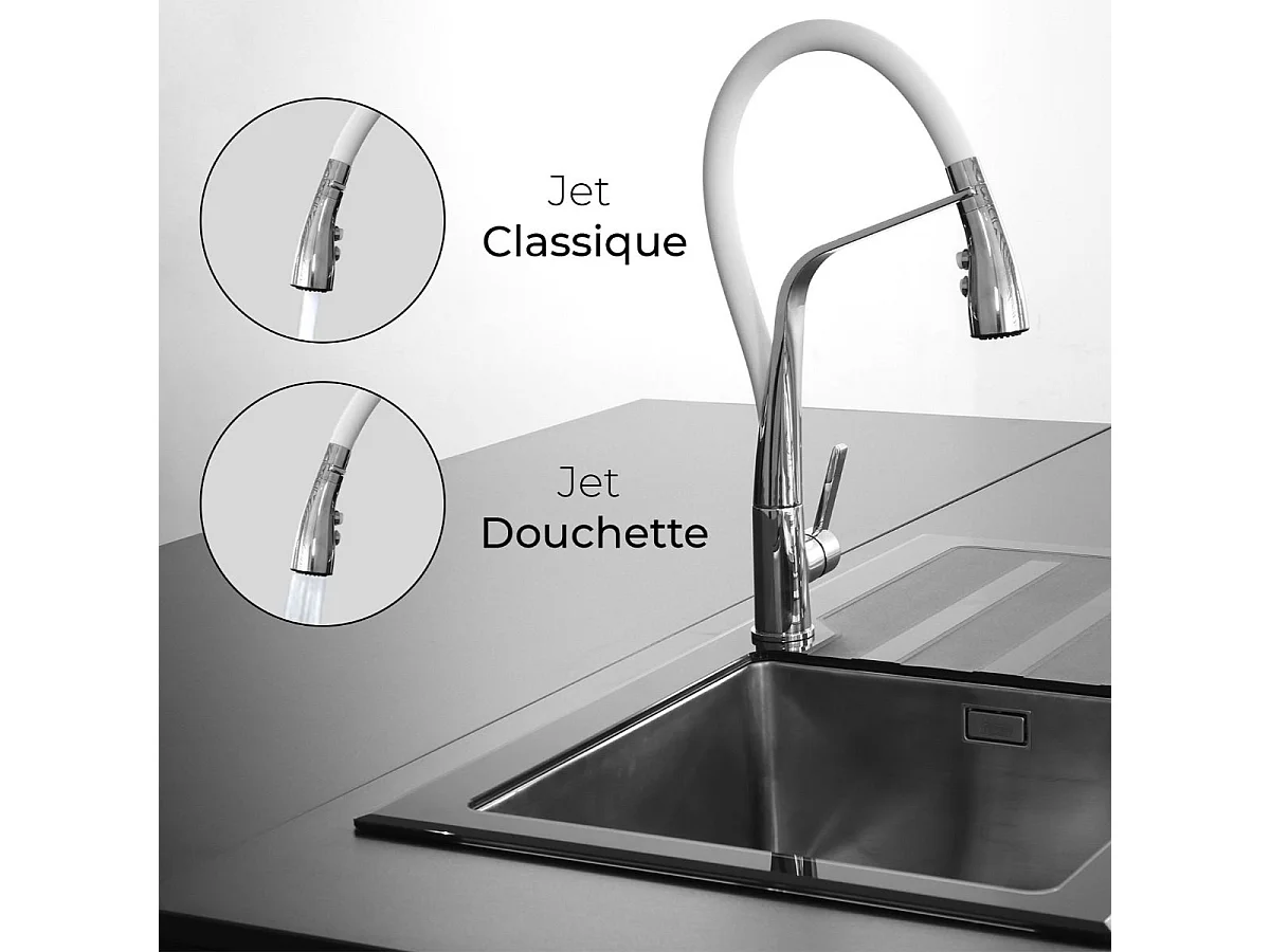 Angel Spültischmischer mit beweglicher Brause, verchromt, mit weißem Schlauch Essebagno