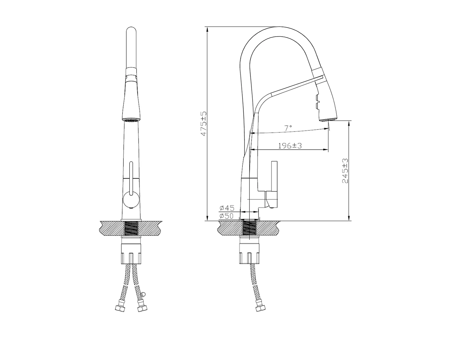 Angel Spültischmischer mit beweglicher Brause, verchromt, mit weißem Schlauch Essebagno