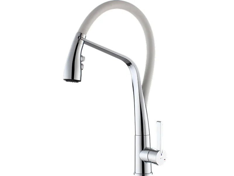 Angel Spültischmischer mit beweglicher Brause, verchromt, mit weißem Schlauch Essebagno