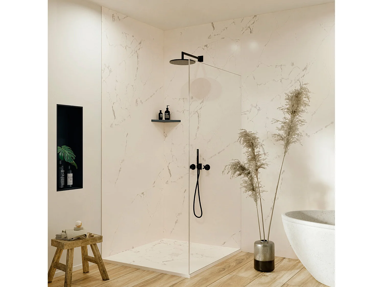 Panneau mural pour salle de bain résine effet marbre blanc 250x120 cm Natte d'étanchéité périférique intégrée