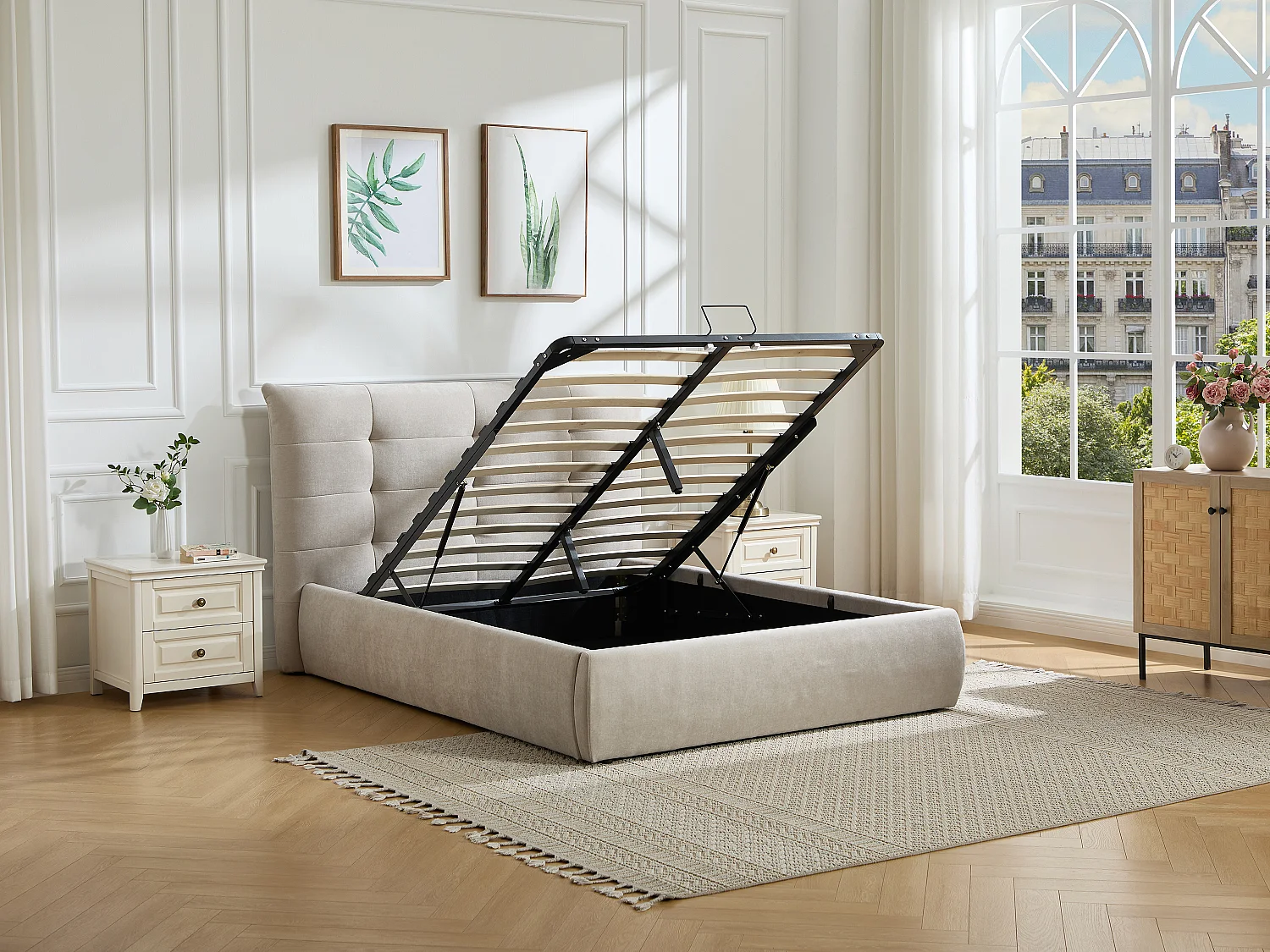 Lit coffre 160 x 200 cm avec tête de lit capitonnée – Tissu – Beige + Matelas - DORMELINA