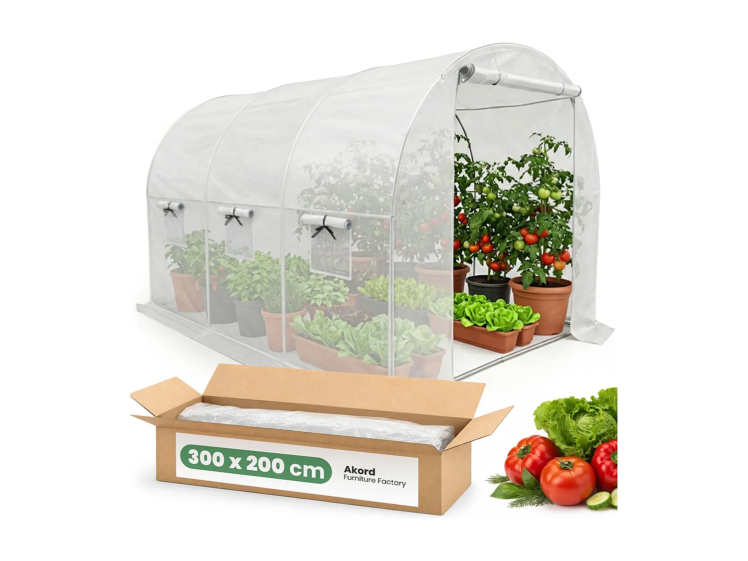 Kweekkas met oprolbare kasdeur / Tuinkas met 6 Vensters / Foliekas / Wit / 200x300x200 cm