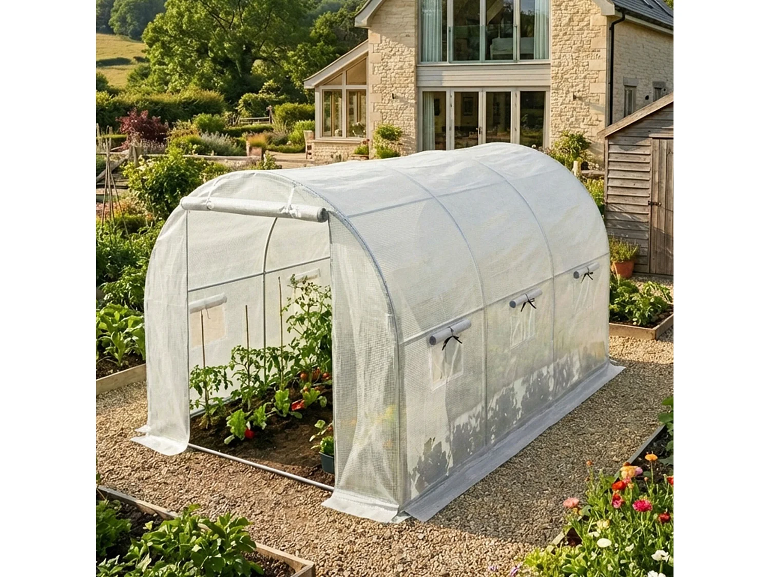 Kweekkas met oprolbare kasdeur / Tuinkas met 6 Vensters / Foliekas / Wit / 200x300x200 cm