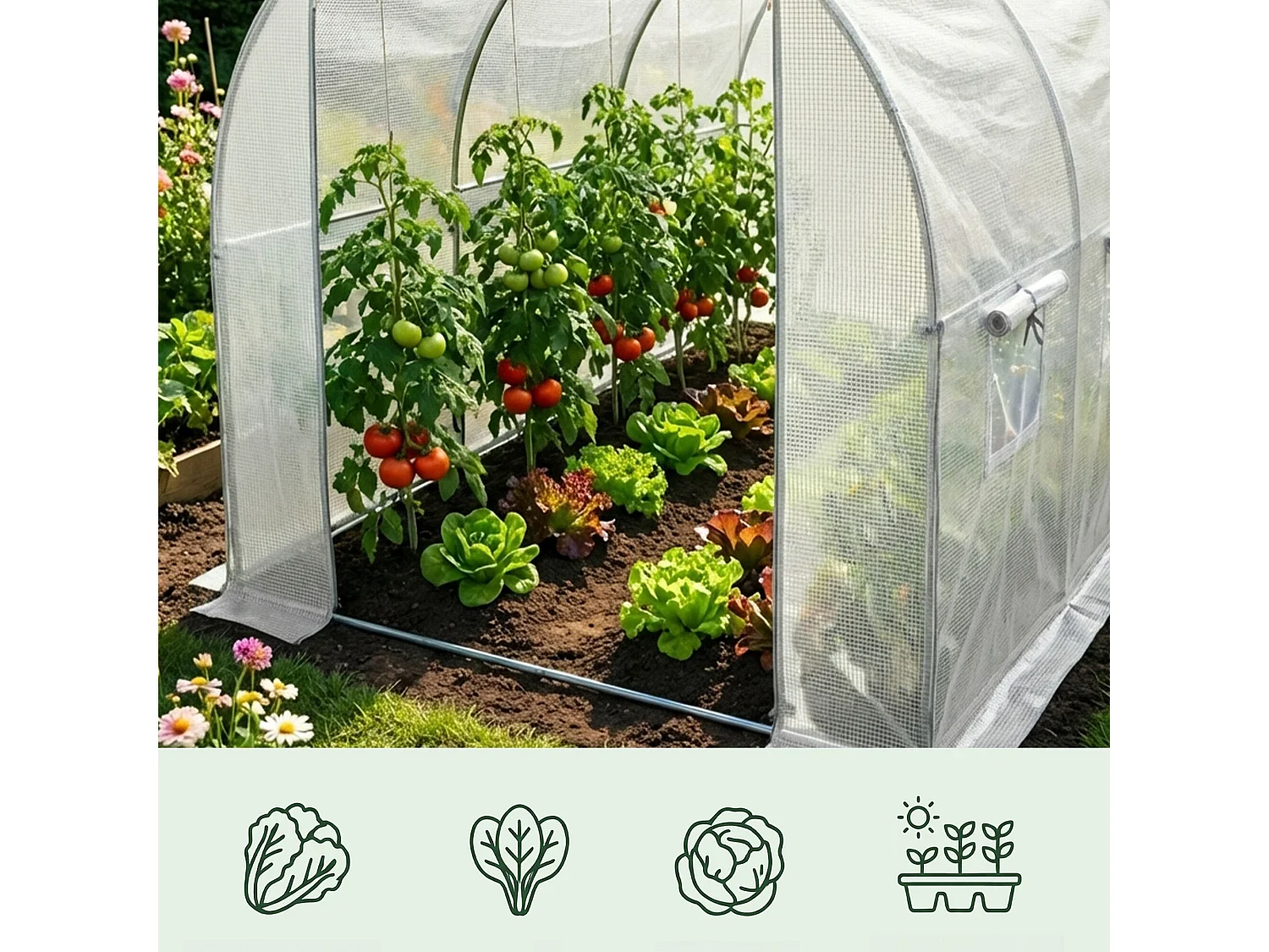 Kweekkas met oprolbare kasdeur / Tuinkas met 6 Vensters / Foliekas / Wit / 200x300x200 cm