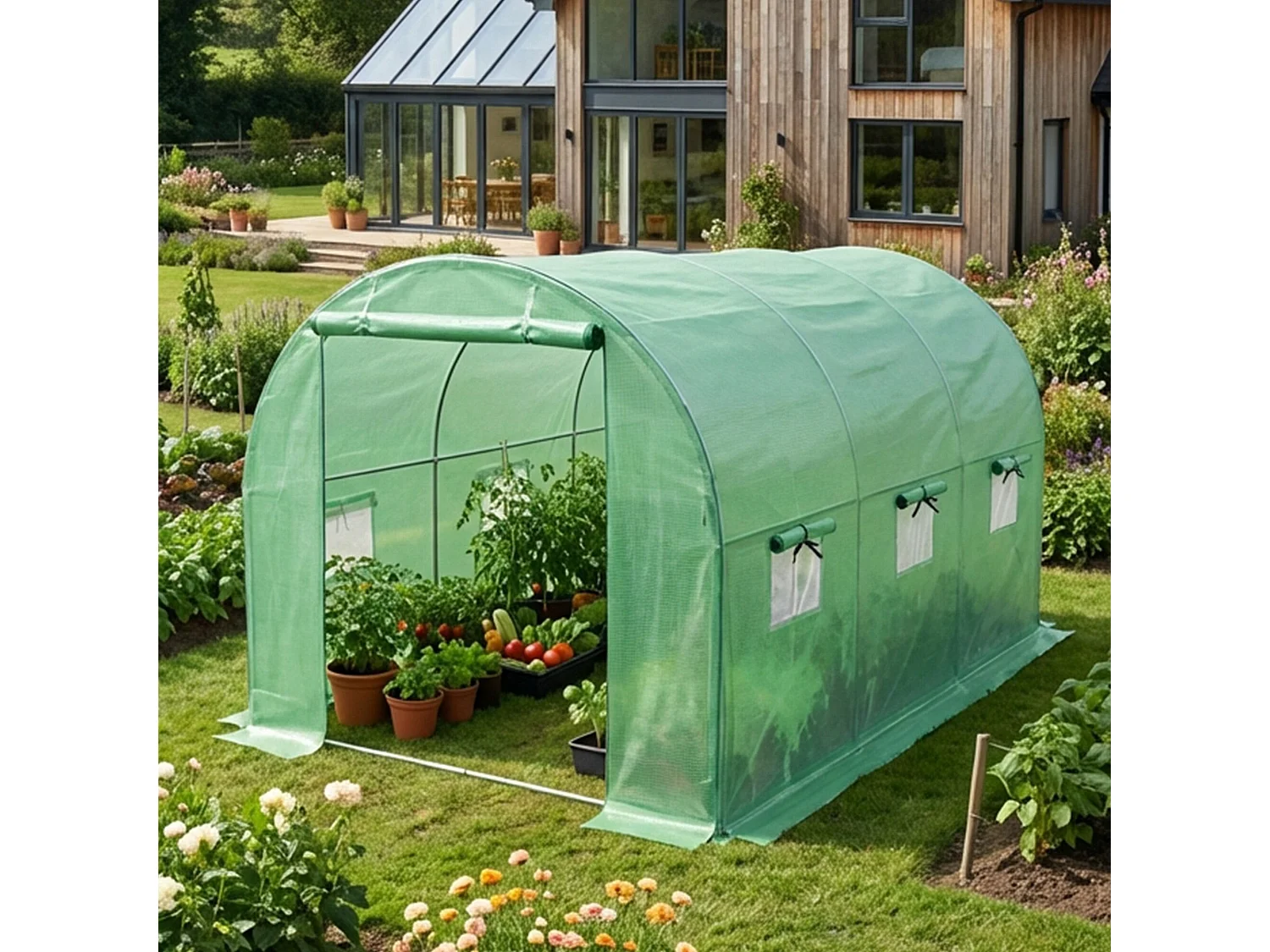 Kweekkas met oprolbare kasdeur / Tuinkas met 6 Vensters / Foliekas / Groen / 200x300x200 cm