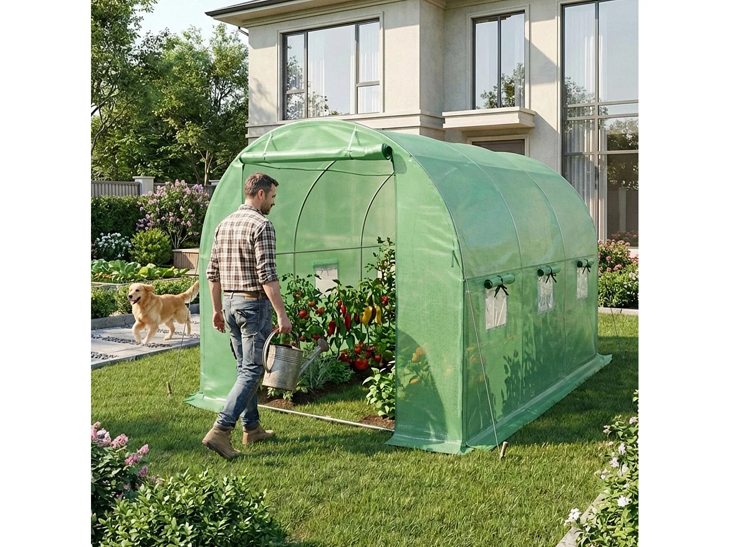 Kweekkas met oprolbare kasdeur / Tuinkas met 6 Vensters / Foliekas / Groen / 200x300x200 cm