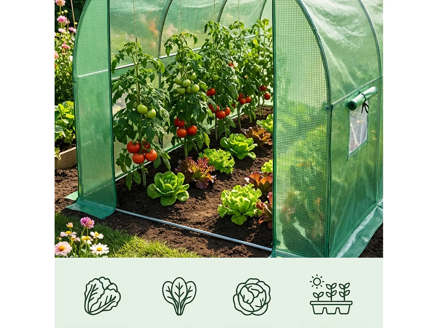 Kweekkas met oprolbare kasdeur / Tuinkas met 6 Vensters / Foliekas / Groen / 200x300x200 cm