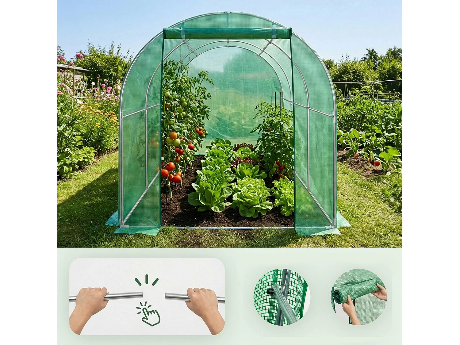 Kweekkas met oprolbare kasdeur / Tuinkas met 6 Vensters / Foliekas / Groen / 200x300x200 cm