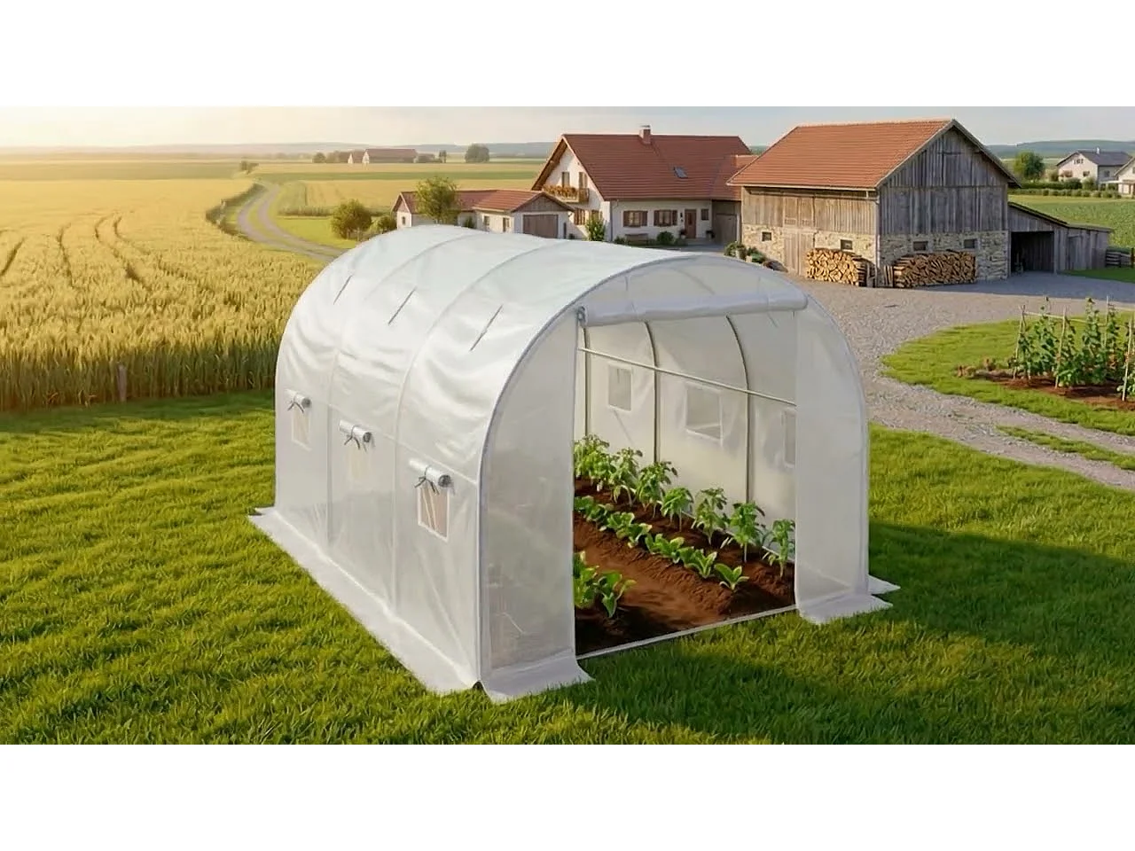 Serre de jardin tunnel avec structure en métal et bâche en PE 1 porte 6 fenêtres Verte 200x300x200 cm